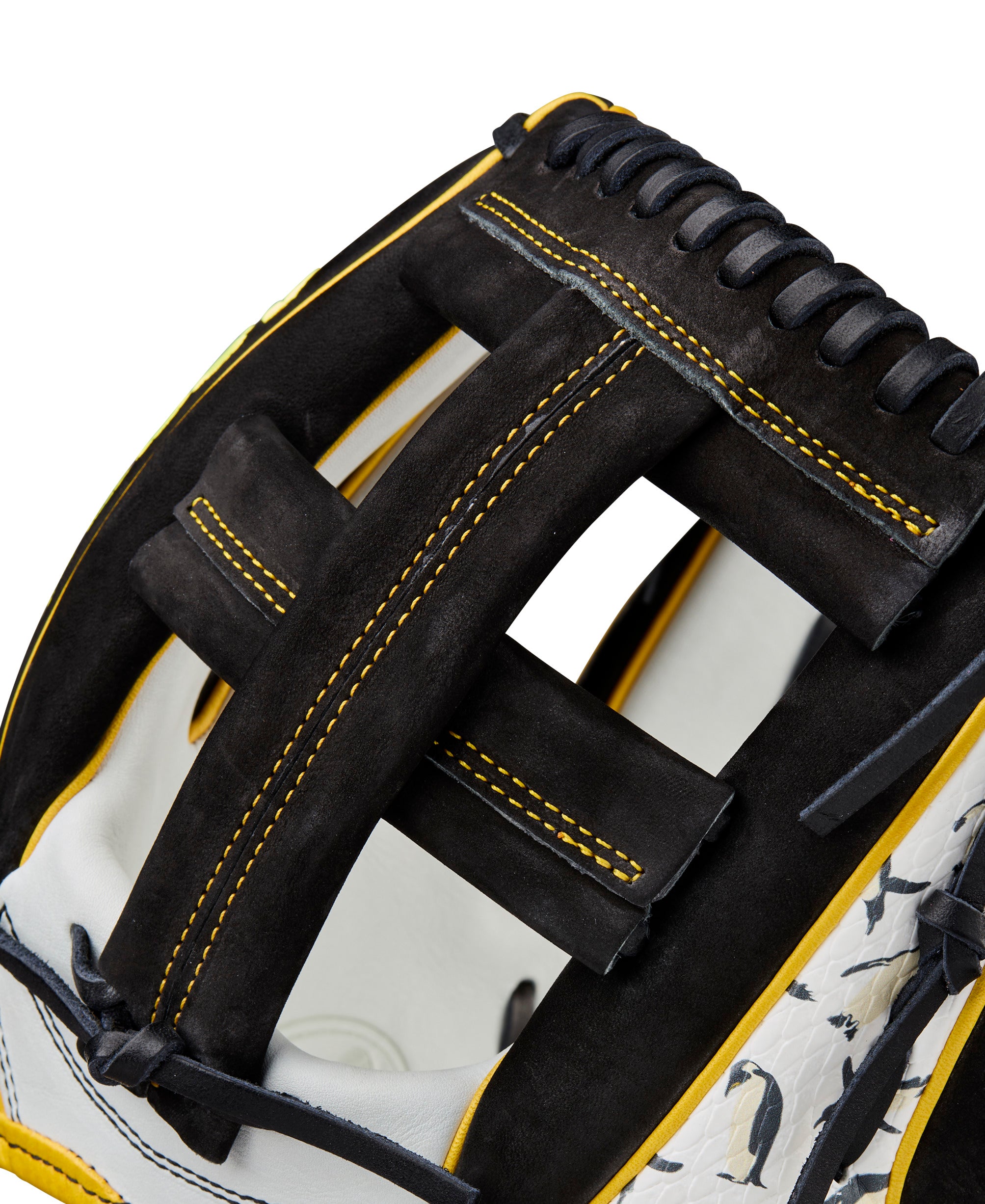Dual Post Web of the Wilson 2025 Penguin A2000 EL3 11.75” Infield Baseball Glove in black and yellow.