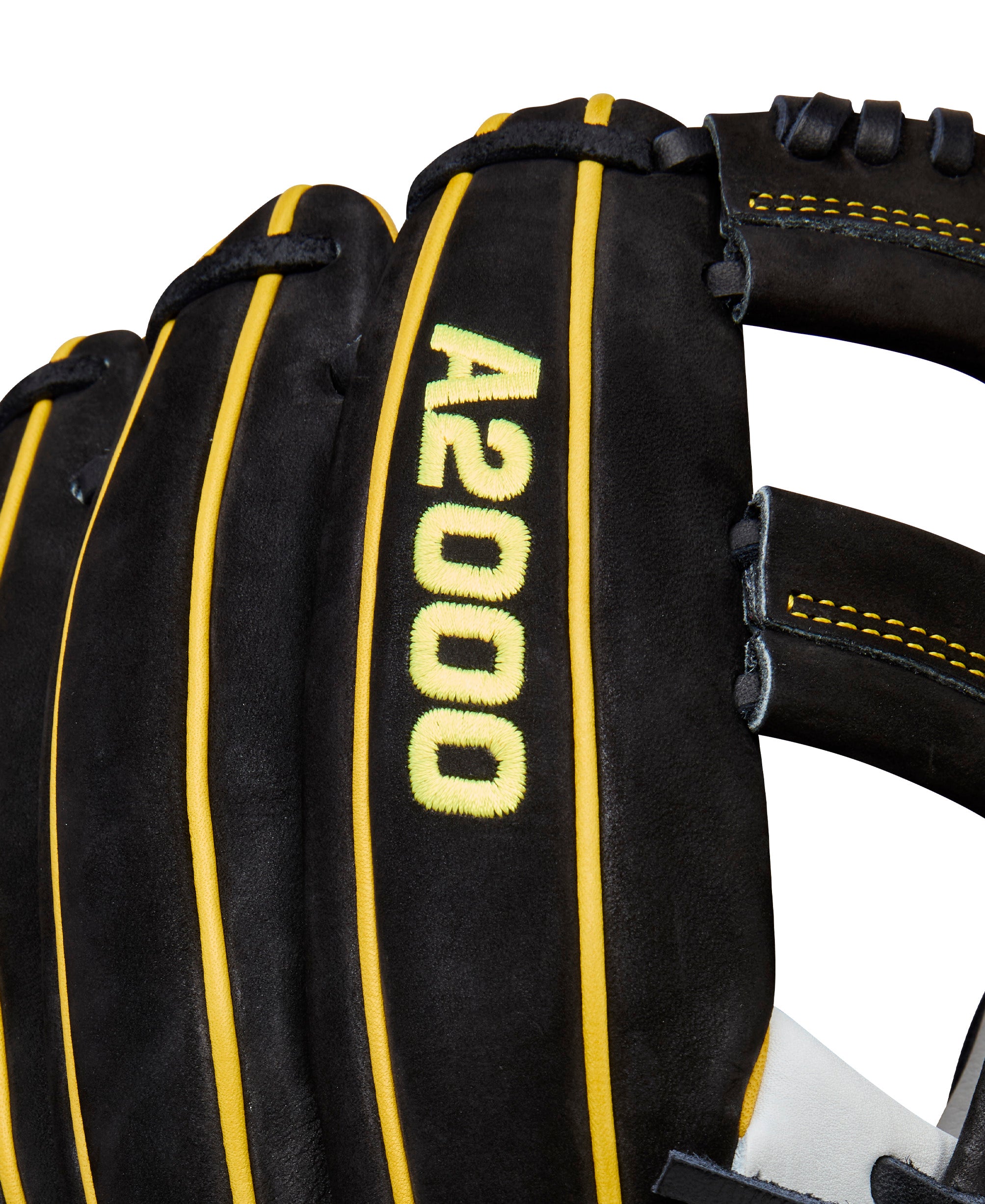 A2000 finger logo on Wilson 2025 Penguin A2000 EL3 11.75” Infield Baseball Glove in bold yellow embroidery.