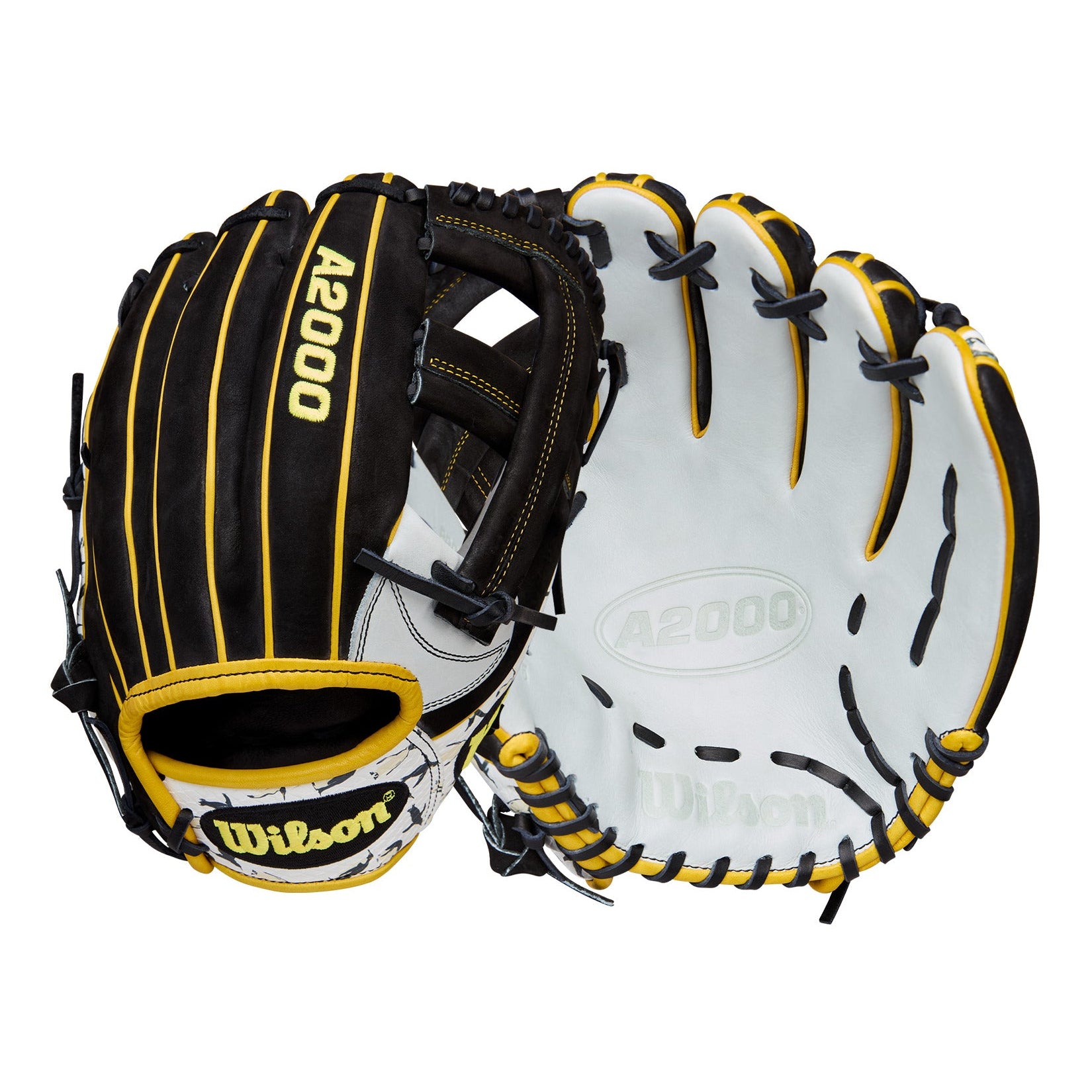 Wilson 2025 Penguin A2000 EL3 11.75” Infield Baseball Glove front and back view with black, white and yellow penguin graphic design.