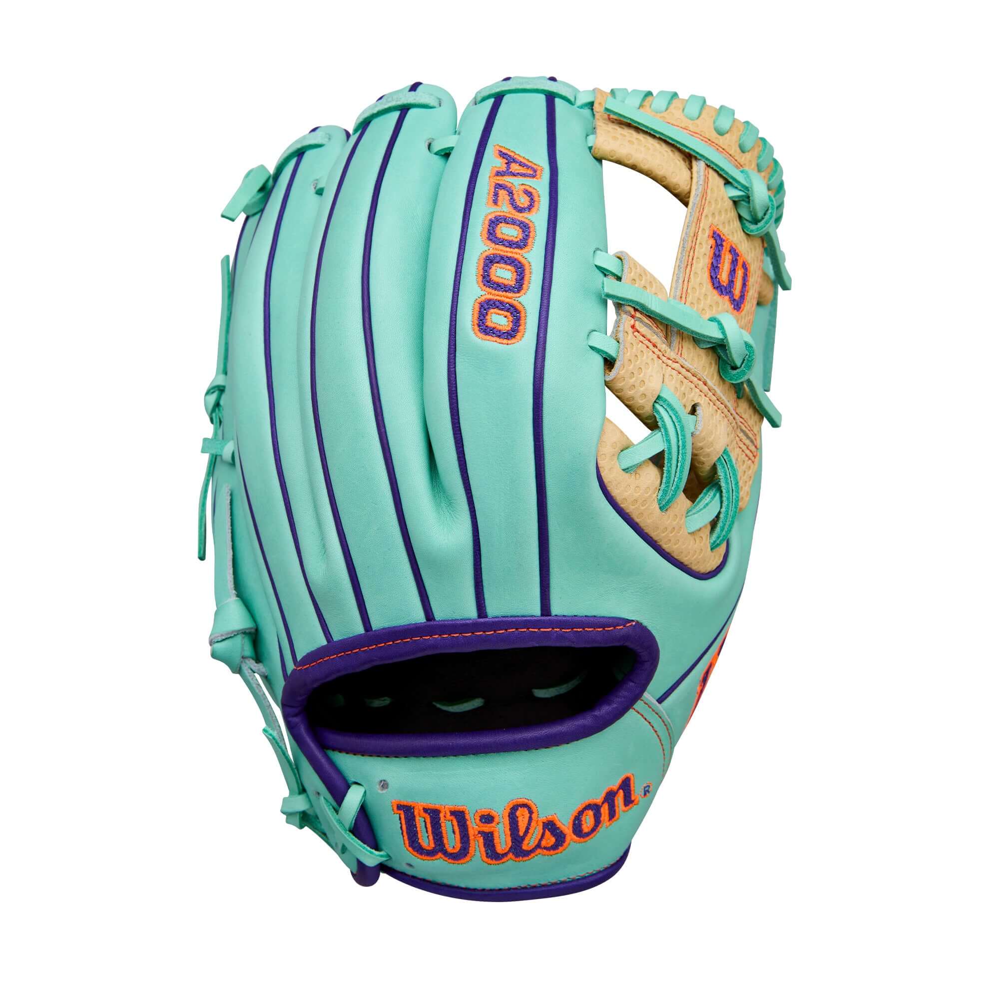 Back view of Wilson Winter 2025 A2000 SC1786 11.5" Infield Baseball Glove with Blonde and Seafoam color combination and woven logo detail.