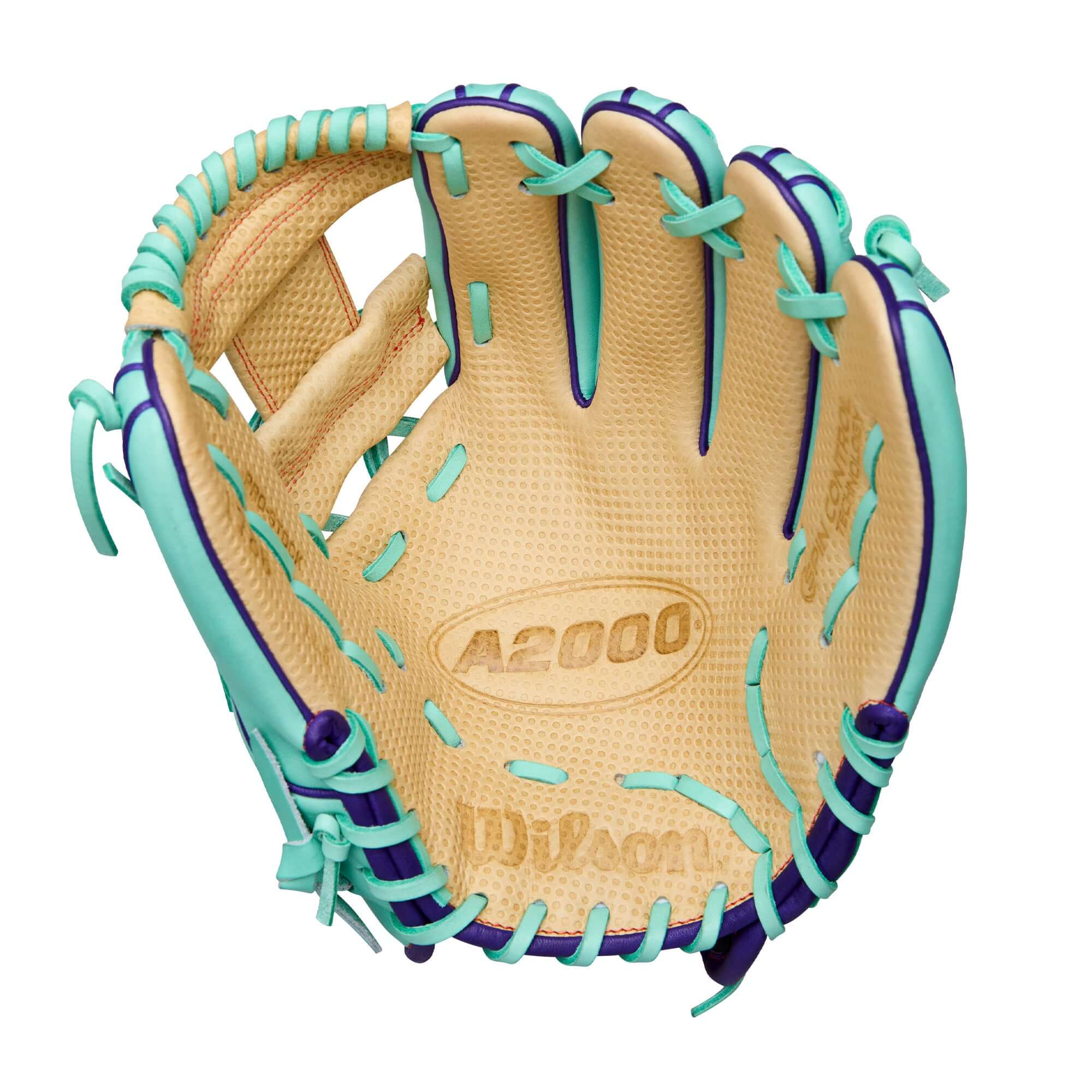 Palm view of Wilson Winter 2025 A2000 SC1786 11.5" Infield Baseball Glove highlighting Spin Control™ dimpled texture and H-Web design.