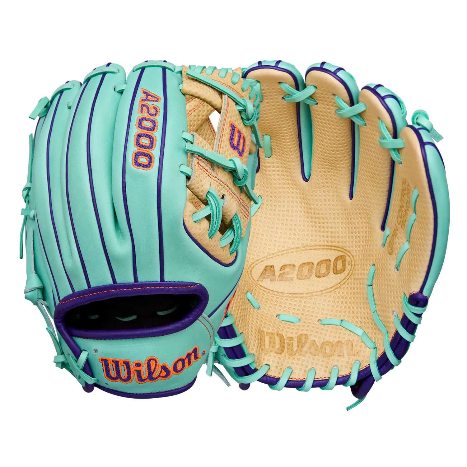 Wilson Winter 2025 A2000 SC1786 11.5" Infield Baseball Glove front and back showing Blonde palm and Seafoam leather shell.