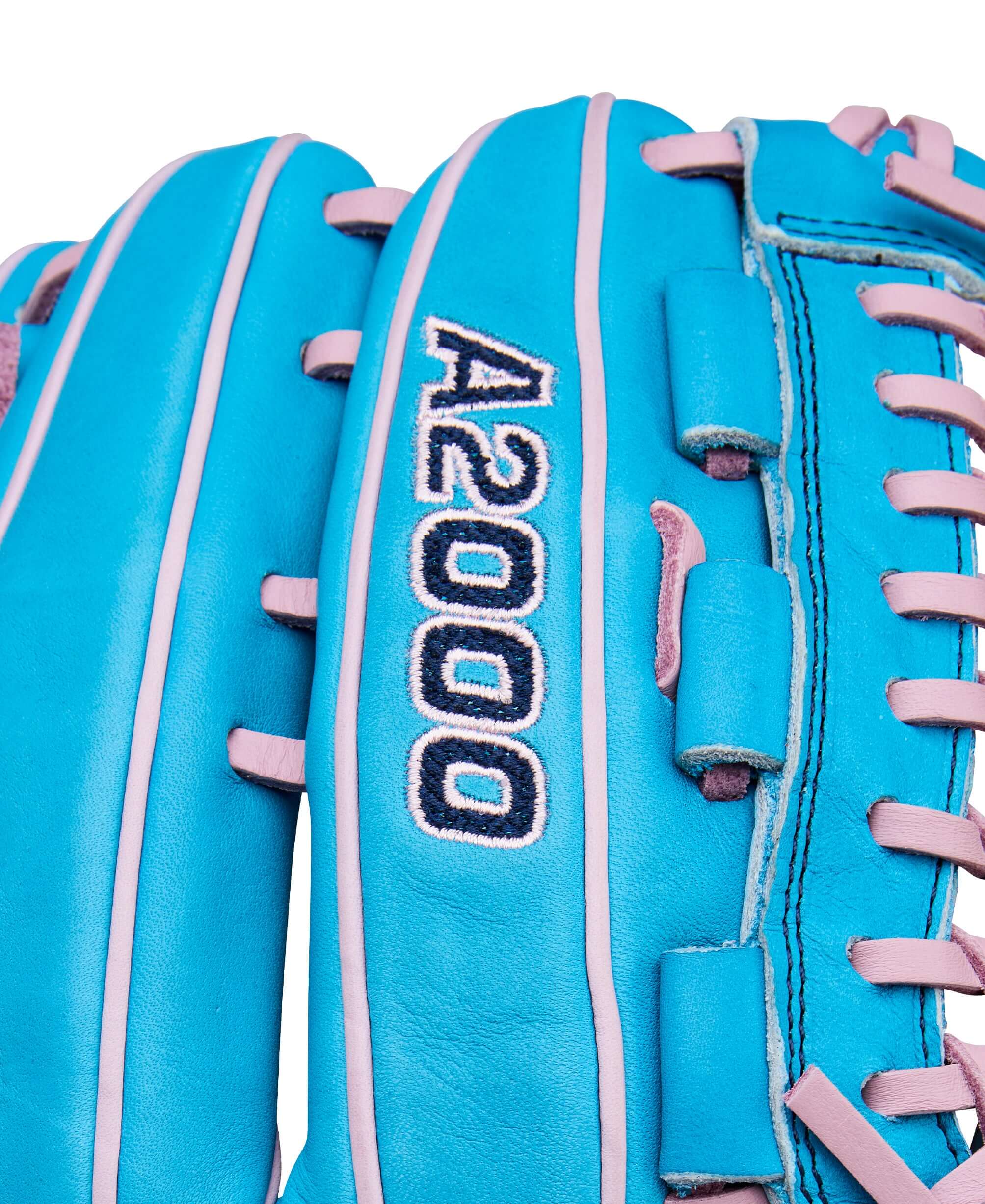Wilson Winter 2025 A2000 D25 12.25" Pitcher’s Baseball Glove logo detail on finger panel with Seafoam embroidery.