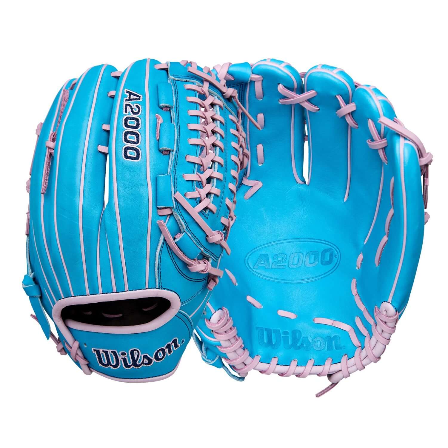 Wilson Winter 2025 A2000 D25 12.25" Pitcher’s Baseball Glove front and back view featuring Tropical Blue leather and Closed Pro Laced Web.