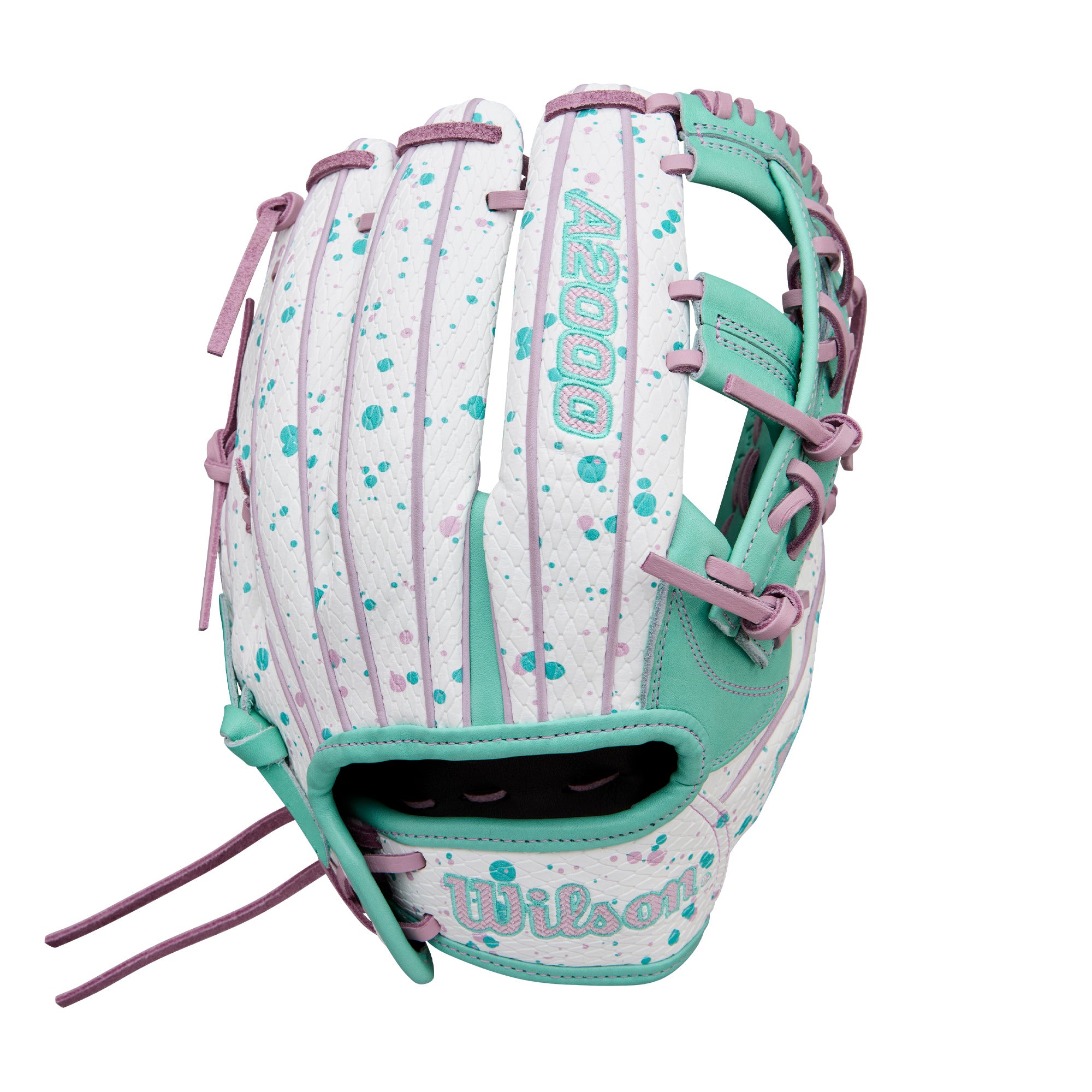 Back view of Wilson Winter 2025 A2000 FP75SS 11.75” Infield Fastpitch Softball Glove highlighting SuperSnakeSkin™ texture and Bold Logos.