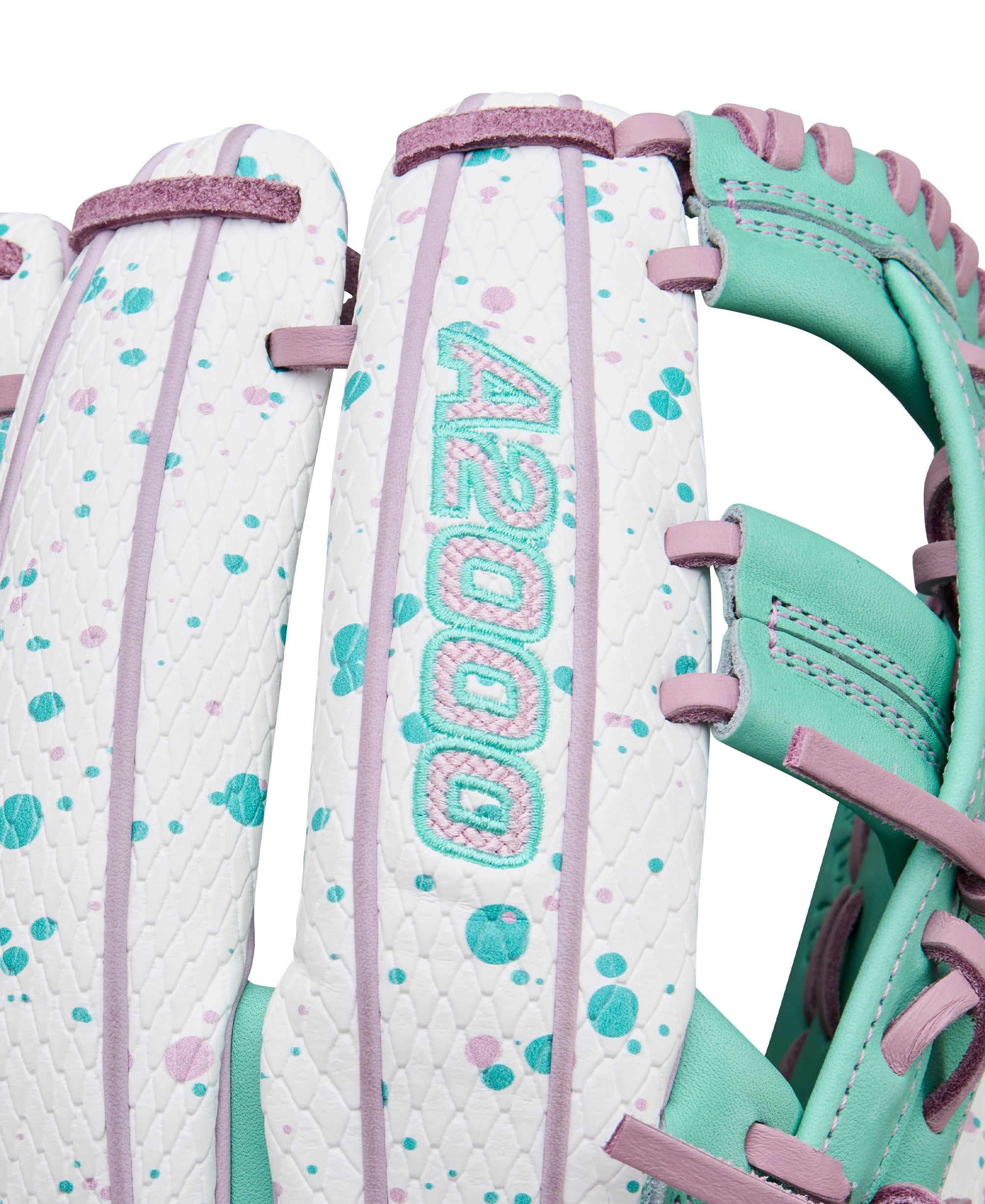 A2000 logo close-up on Wilson Winter 2025 A2000 FP75SS 11.75” Infield Fastpitch Softball Glove finger area.