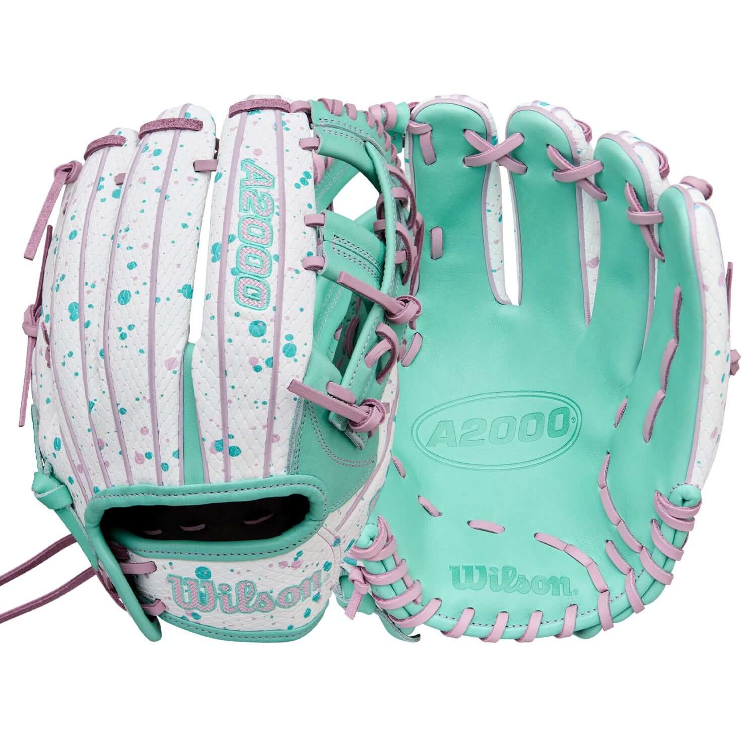 Wilson Winter 2025 A2000 FP75SS 11.75” Infield Fastpitch Softball Glove front and back showing Seafoam Splatter design and H-Web.