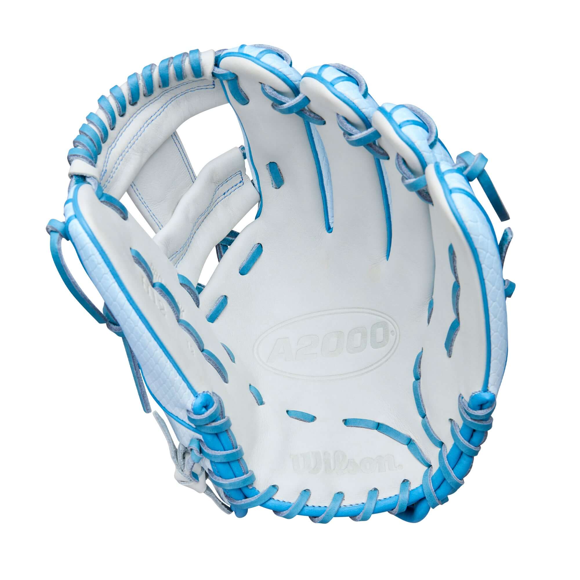 Palm view of Wilson Winter 2025 A2000 H12SS 12" Infield Fastpitch Softball Glove showcasing White Pro Stock® Leather and H-Web pocket.