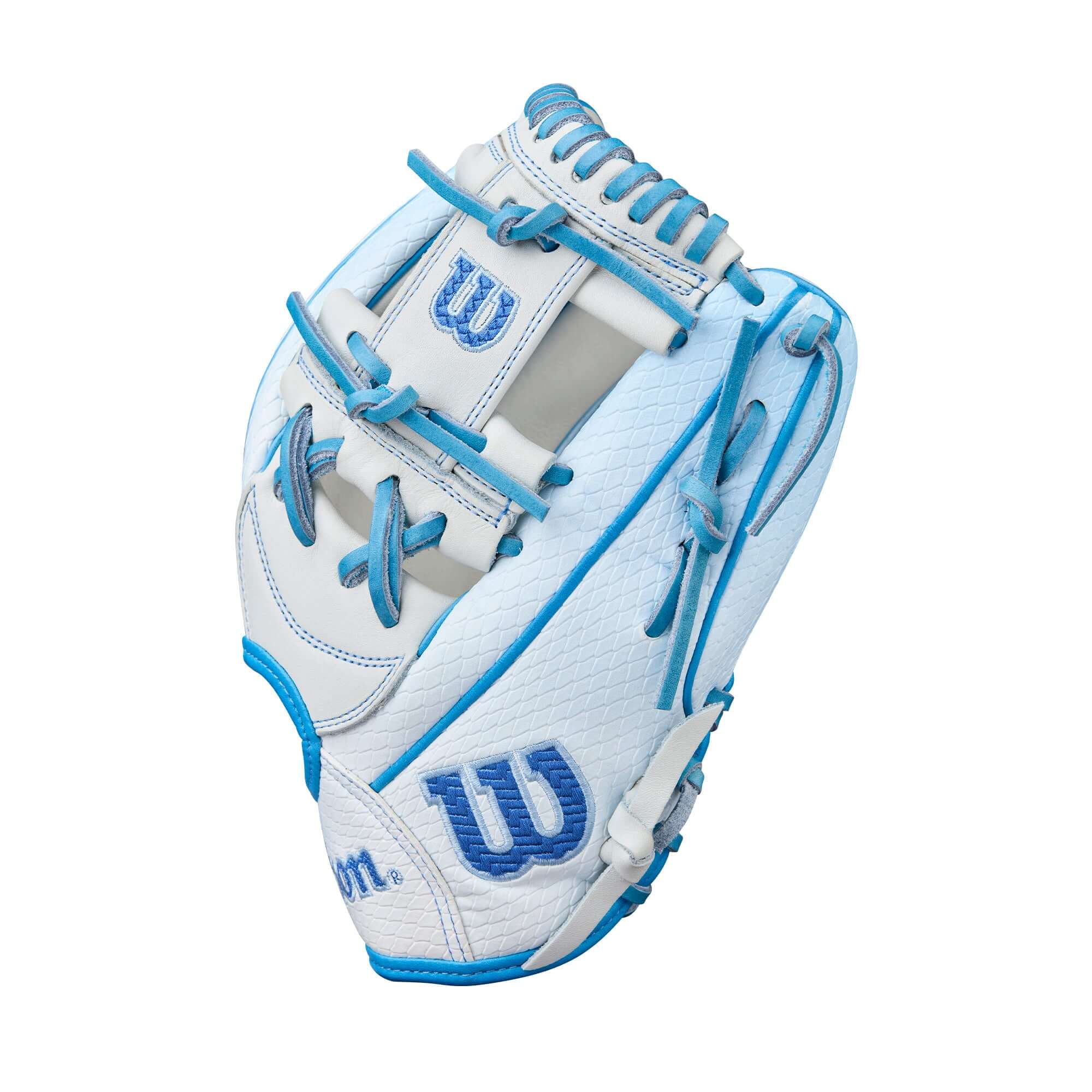 Thumb close-up of Wilson Winter 2025 A2000 H12SS 12" Infield Fastpitch Softball Glove featuring Drawstring Closure and Sky Blue trim.