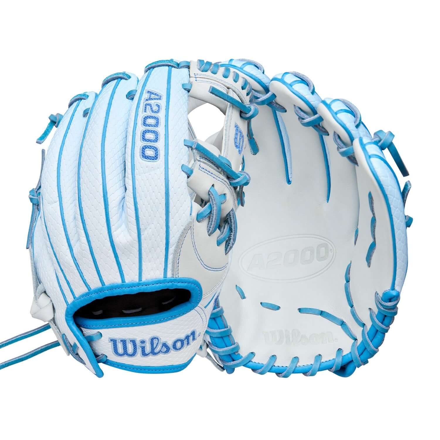 Wilson Winter 2025 A2000 H12SS 12" Infield Fastpitch Softball Glove front and back showing Sky Blue & White SuperSnakeSkin™ design.