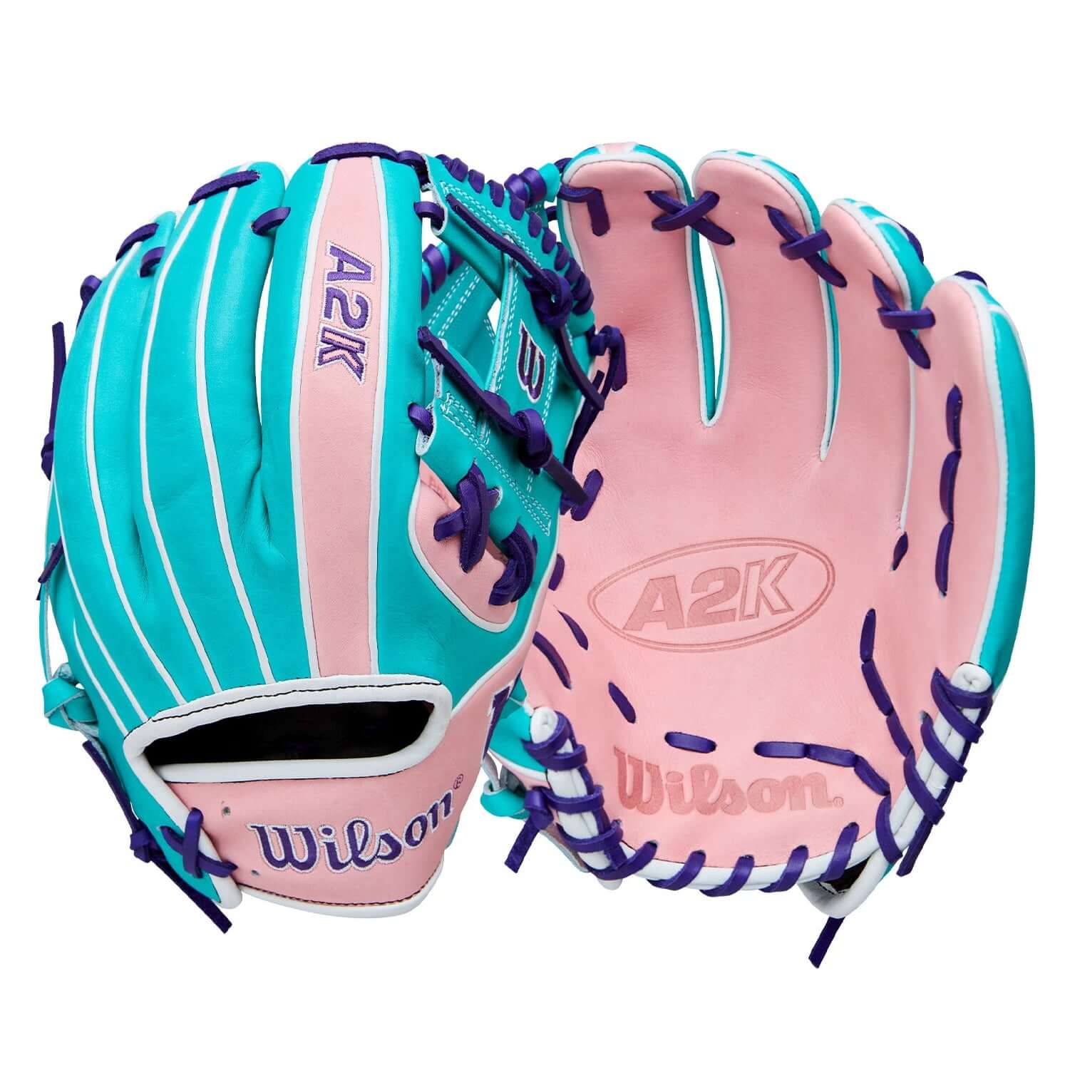Wilson 2025 Winter A2K 1786 11.5" Infield Baseball Glove front and back showing Pink and Teal Pro Stock Select leather.