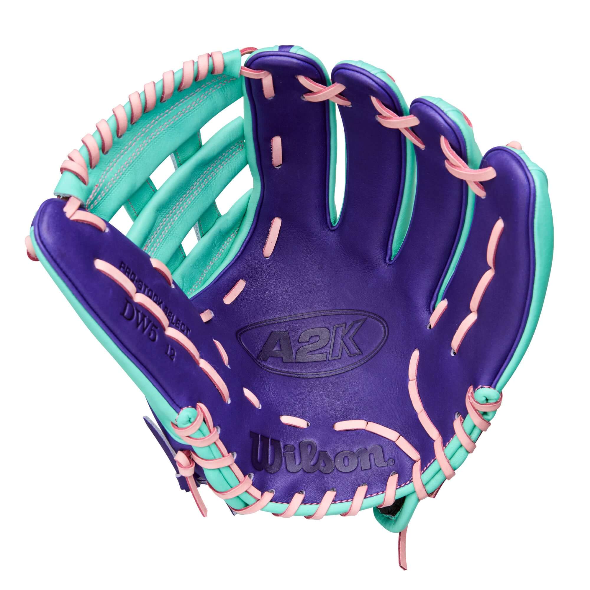 Palm detail of Wilson Winter 2025 A2K DW5 12” Infield Baseball Glove with Double Palm Construction™ and soft Pro Stock® Select leather.