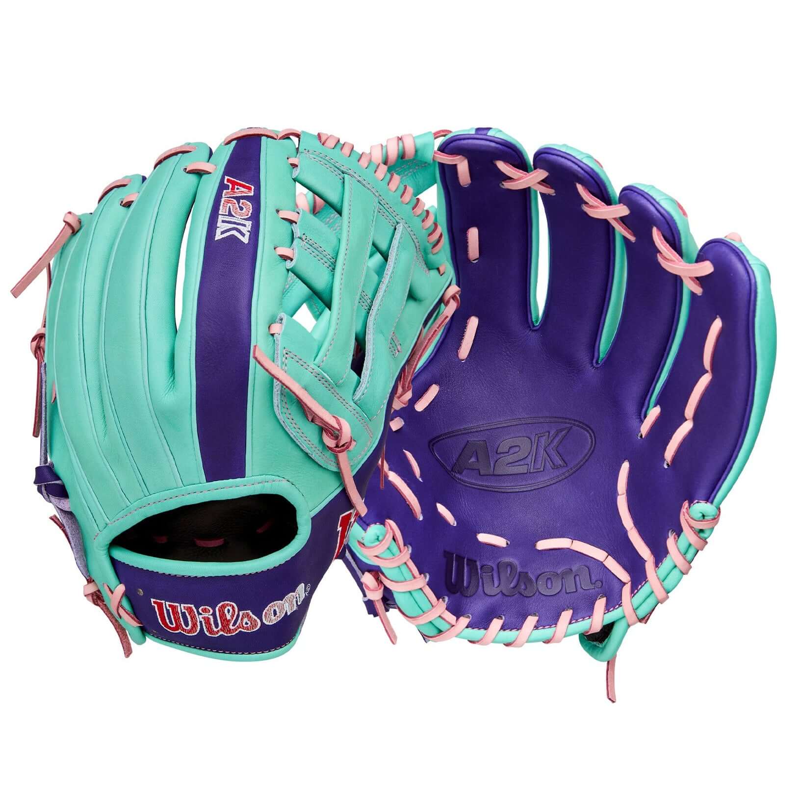 Wilson Winter 2025 A2K DW5 12” Infield Baseball Glove front and back view featuring Purple and Seafoam Pro Stock® Select leather.
