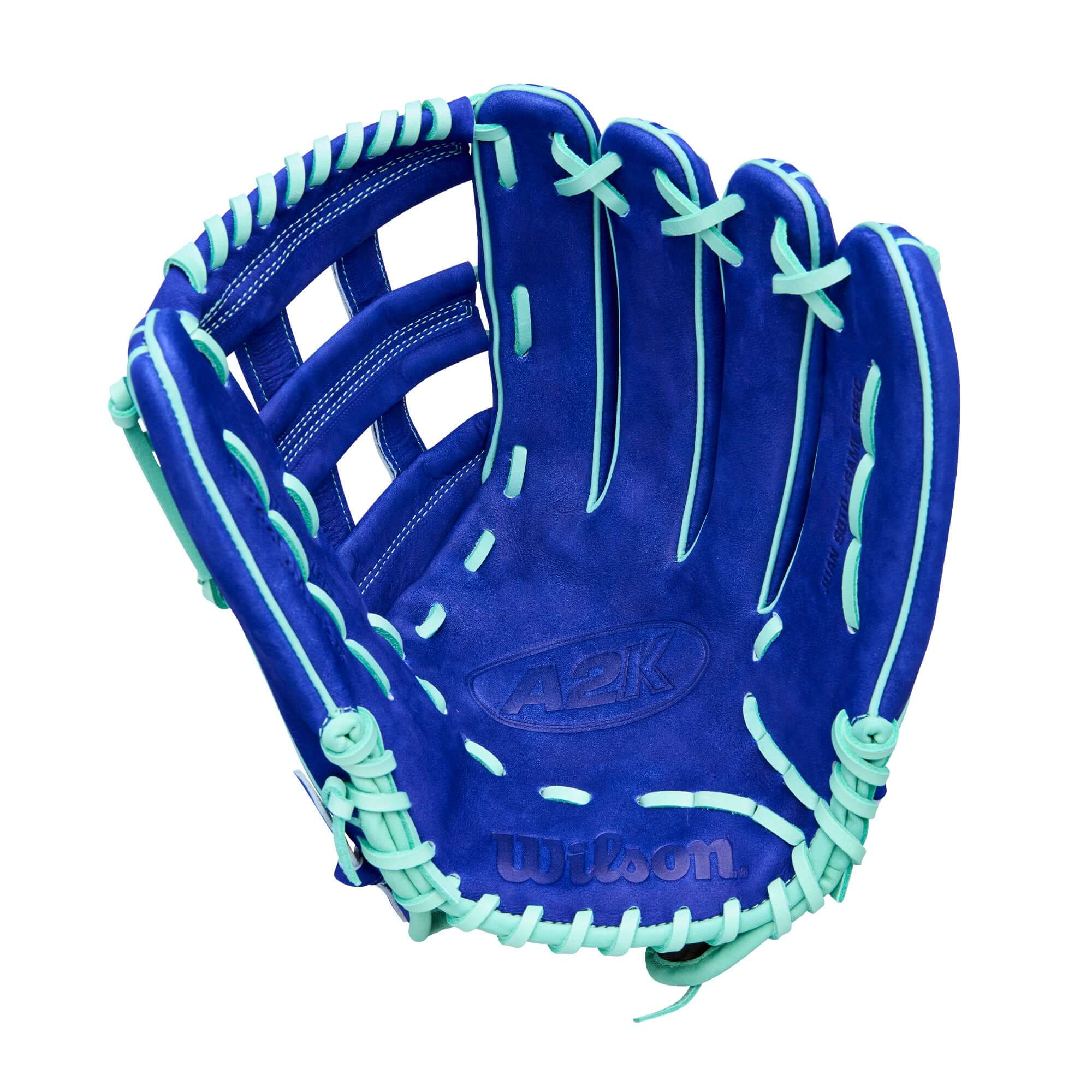 Palm view Wilson Winter 2025 Juan Soto A2K JS22 GM 12.75" Outfield Baseball Glove Buffed Blue Pro Stock® Select leather