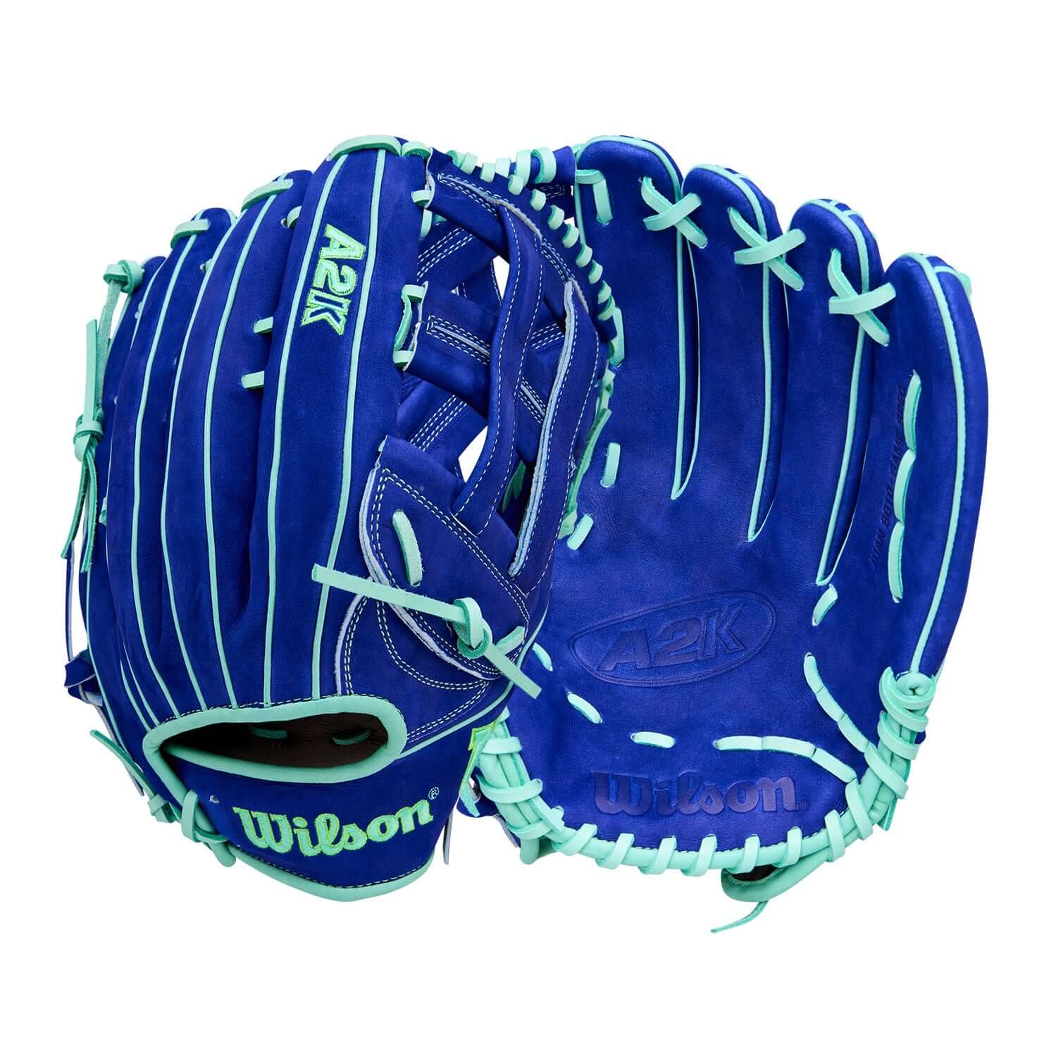 Wilson Winter 2025 Juan Soto A2K JS22 GM 12.75" Outfield Baseball Glove front & back view Buffed Blue leather Seafoam accents