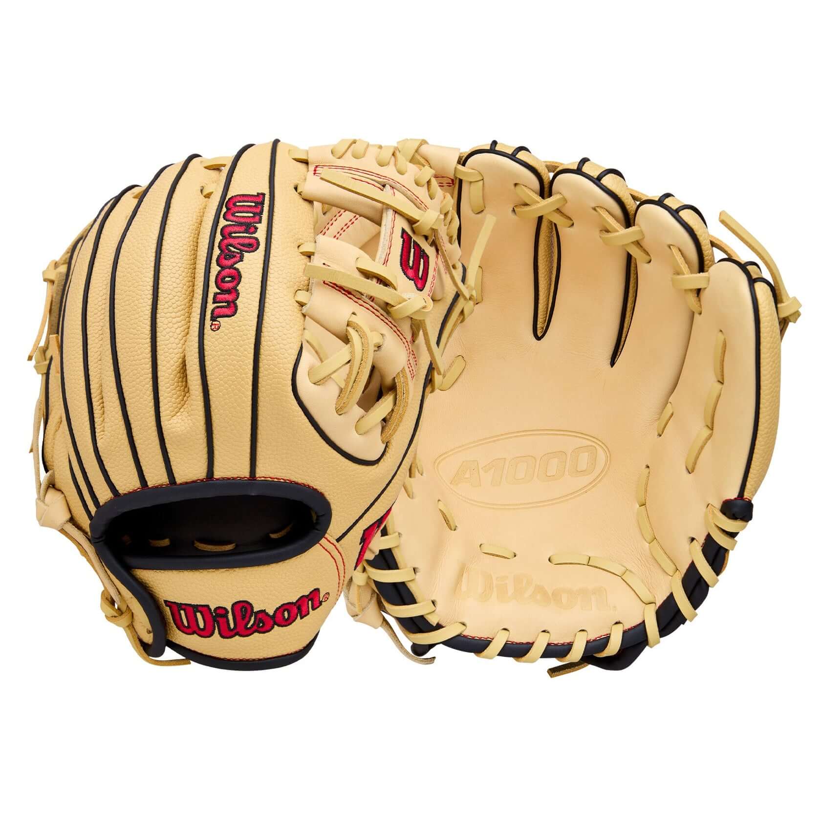 2026 Wilson A1000 PF11 Blonde/Red 11" baseball glove for young infielders, featuring a shallow pocket and H-Web construction.