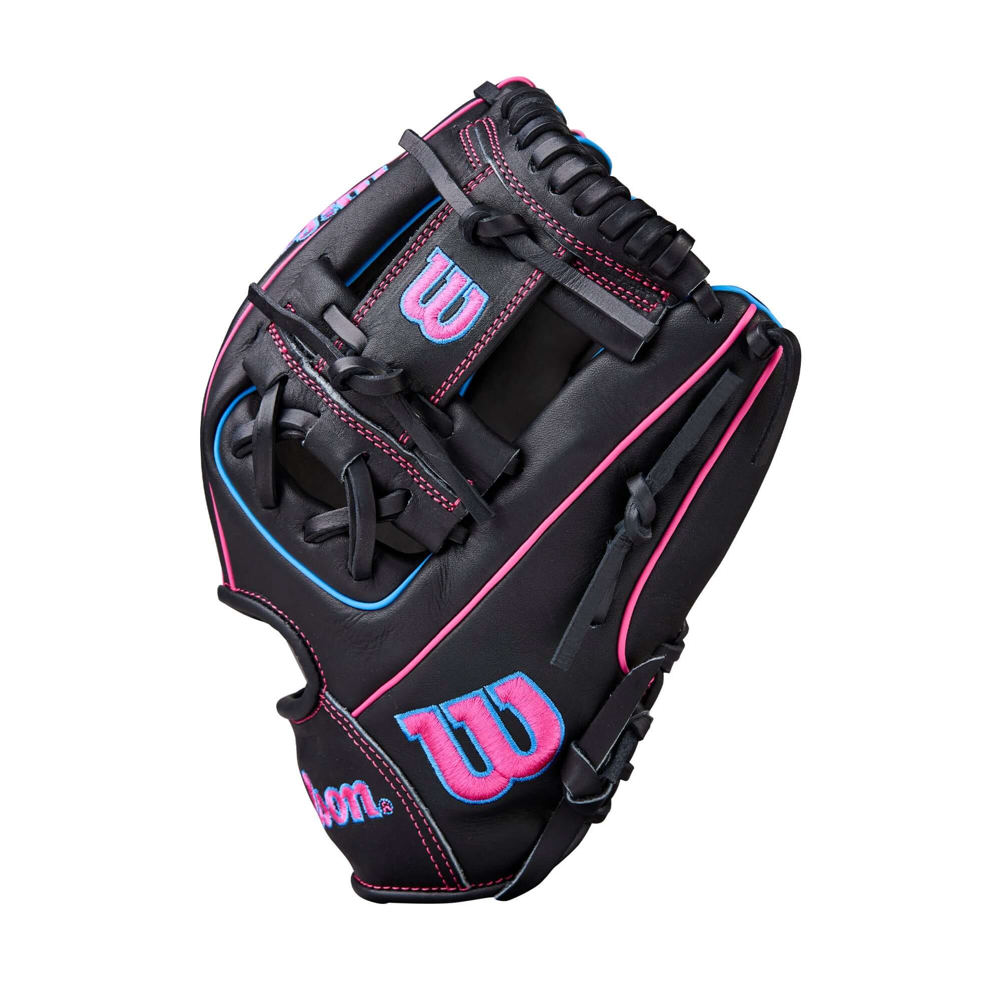 Side view of 2026 Wilson A1000 DP15 11.5” Infield Baseball Glove, black with pink stitching, H-Web design.