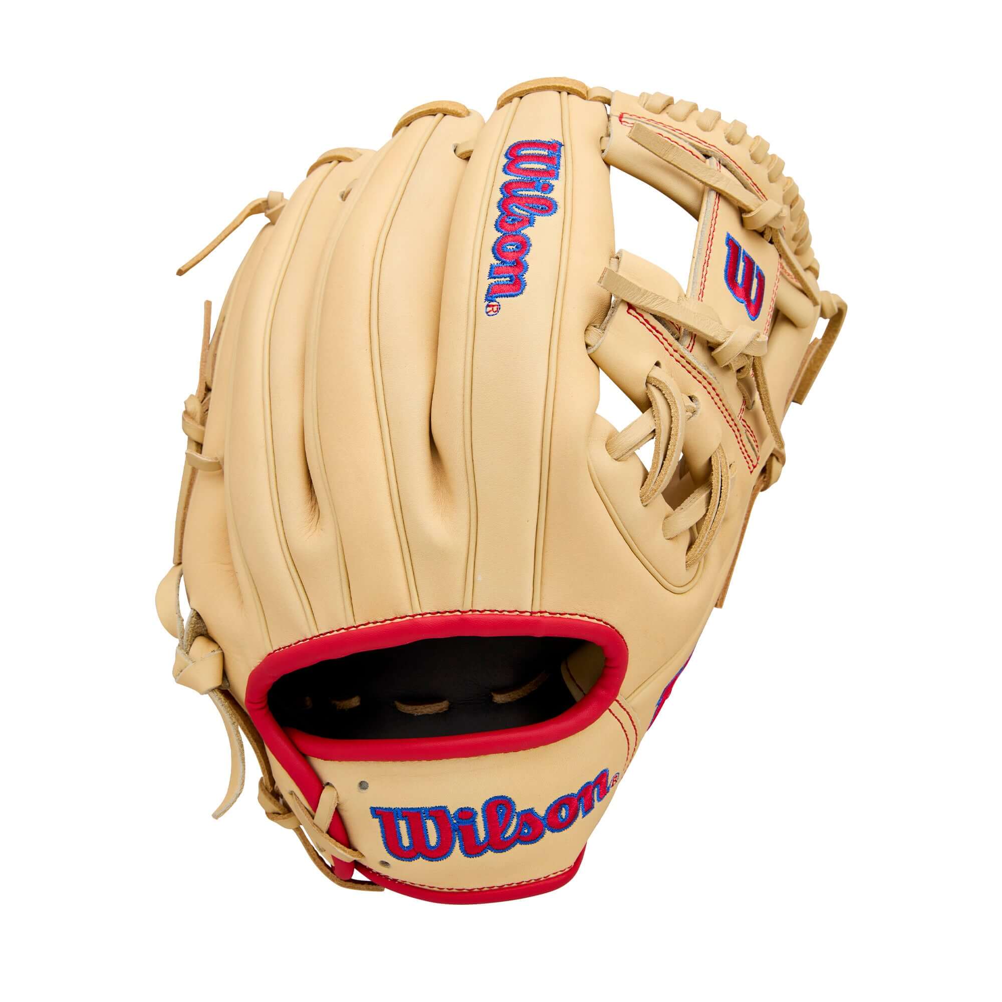 Back view of Wilson 2026 A1000 1975 glove showing Wilson logo, leather finish, and rolled binding details.