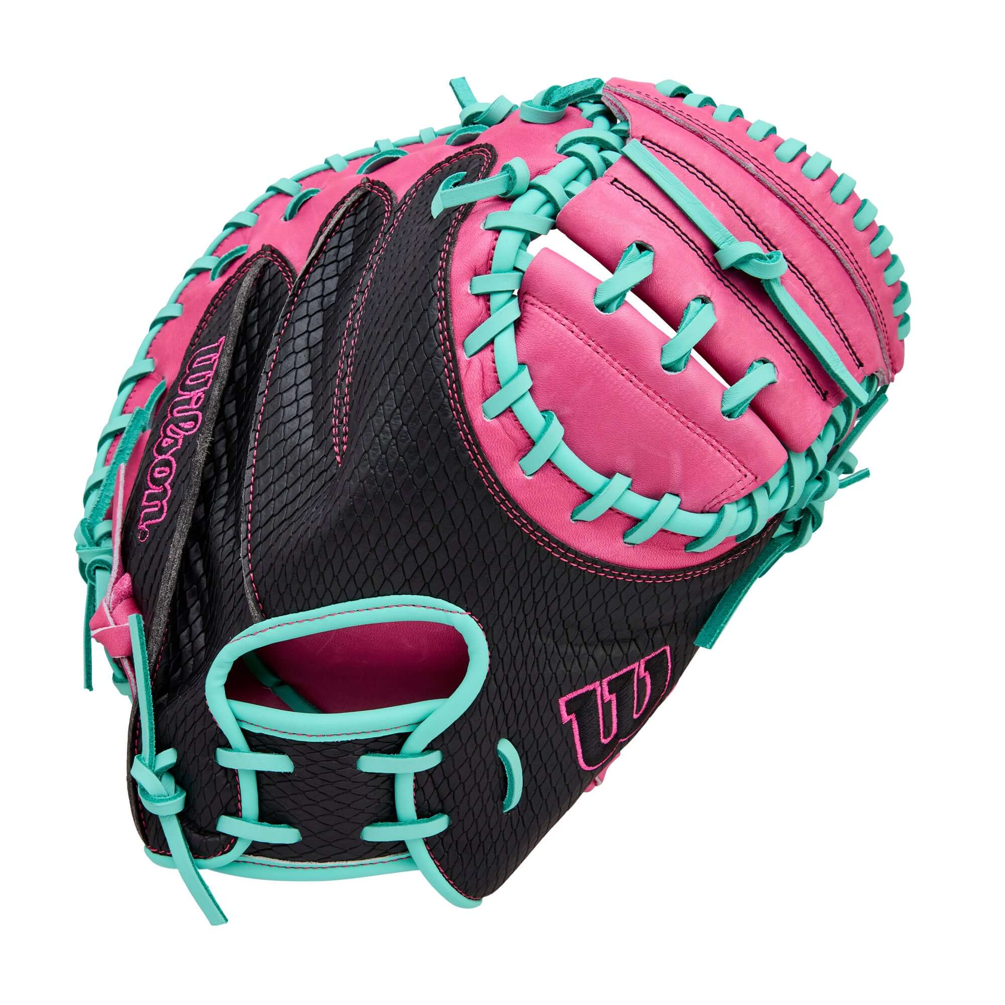 Back view of Wilson A1000 CM33 Catchers Mitt 2026 with Wilson logo and bold leather detailing.