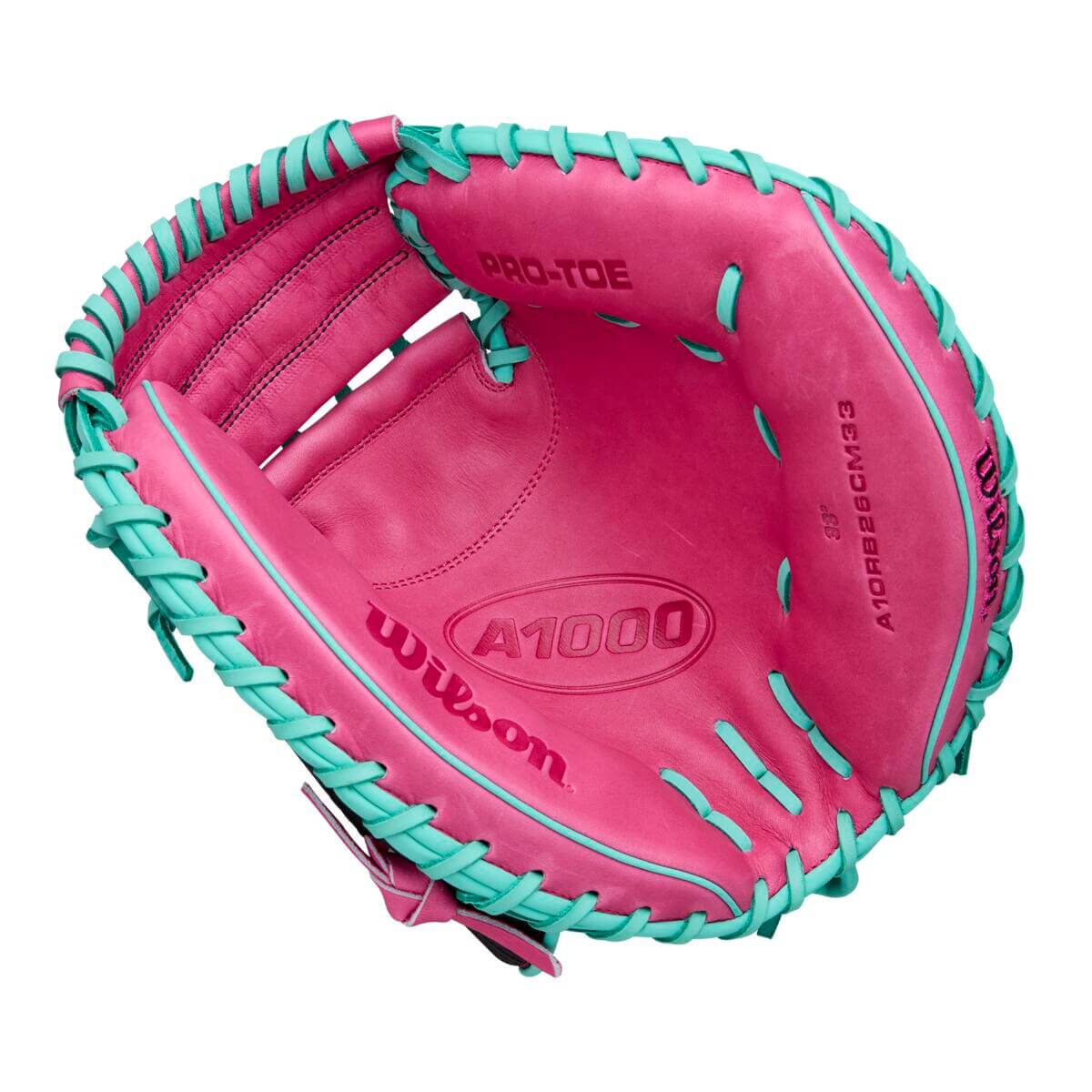 Wilson A1000 CM33 Catcher’s Mitt palm view showing 33-inch design and full-grain leather texture.