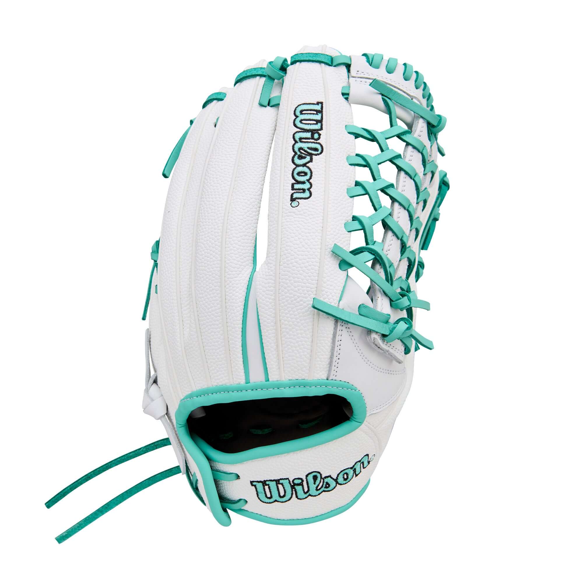 Wilson A1000 T125 Fastpitch Glove in white and seafoam, 12.5 inch outfield glove for young players, designed for optimal reach and control.