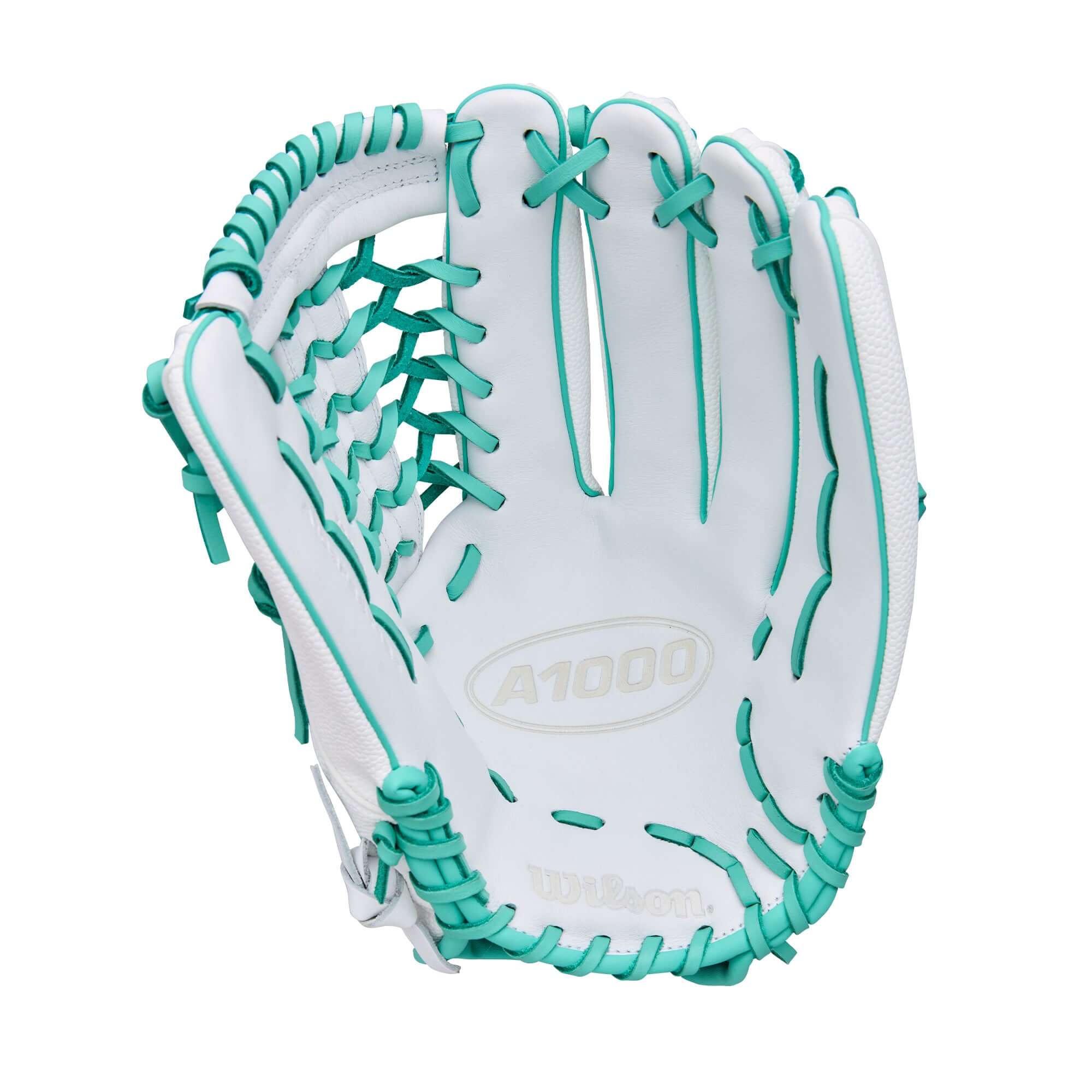 Wilson A1000 T125 Fastpitch Glove in white and seafoam, 12.5 inch, designed for young outfielders seeking maximum reach and control.