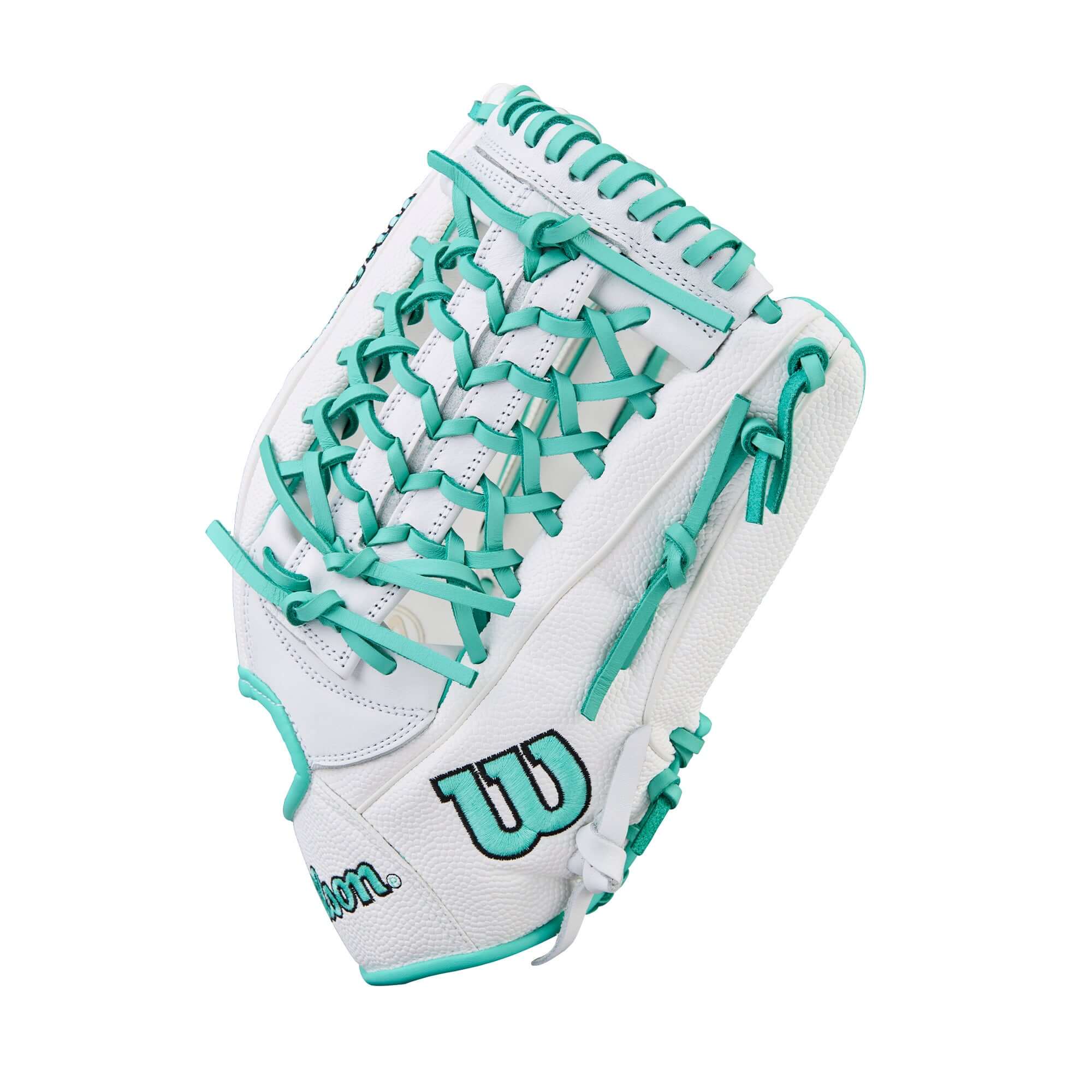 Wilson A1000 T125 Fastpitch Glove, 12.5-inch, white and seafoam color, perfect for young outfielders in fastpitch baseball.