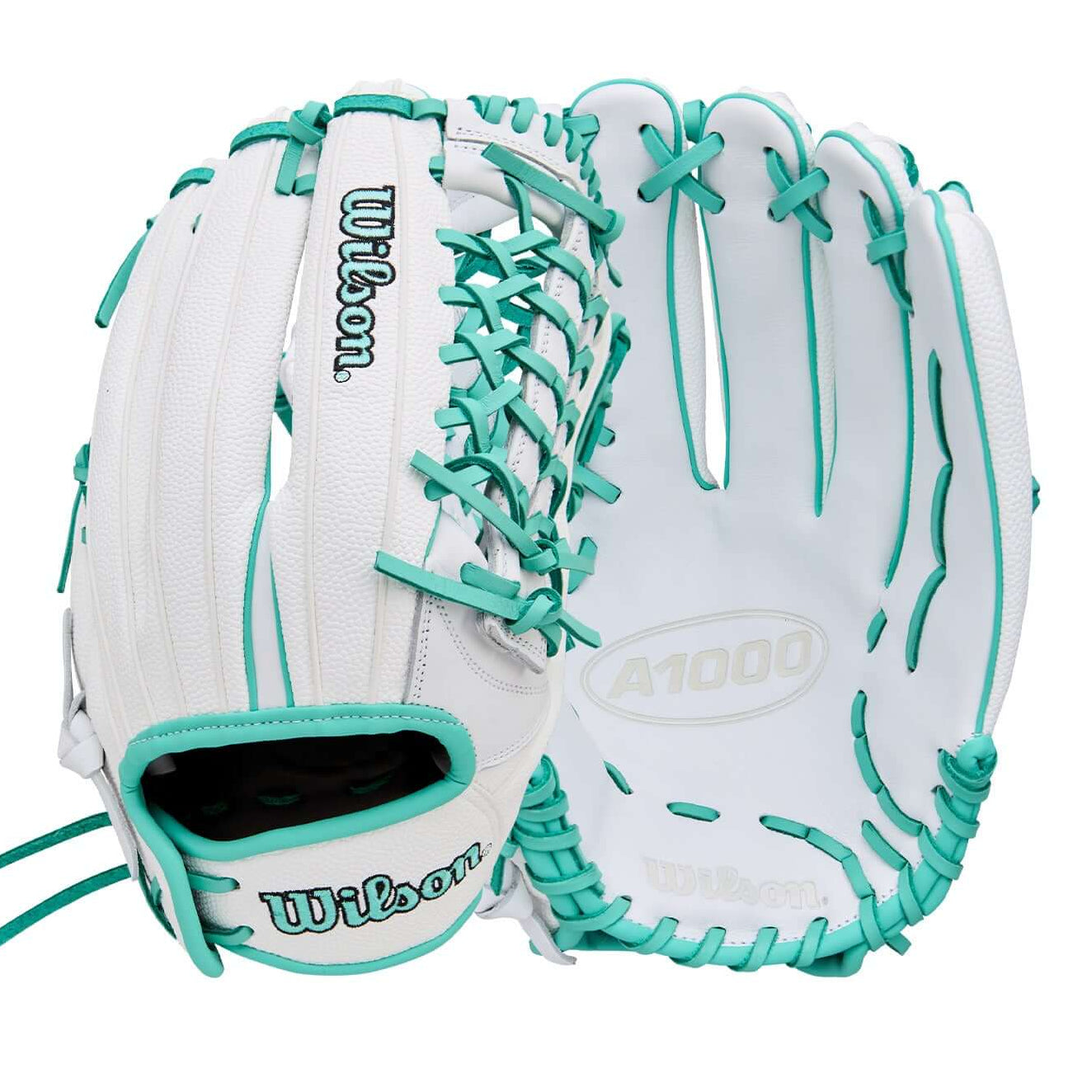 Wilson A1000 T125 Fastpitch Glove in white and seafoam, 12.5-inch outfield glove offering maximum reach and control for young players.