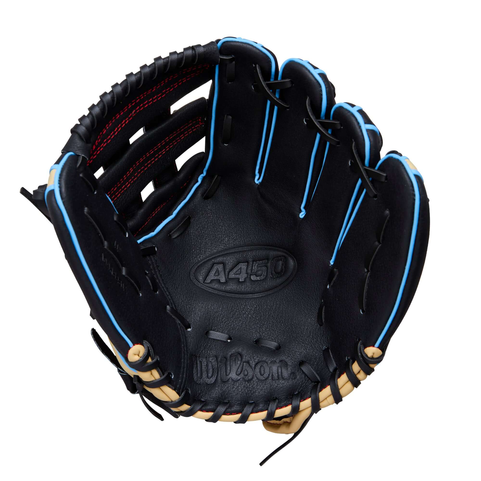 Palm view of Wilson 2026 A450 11" Youth Baseball Glove LHT with soft top grain leather and H-Web pocket.