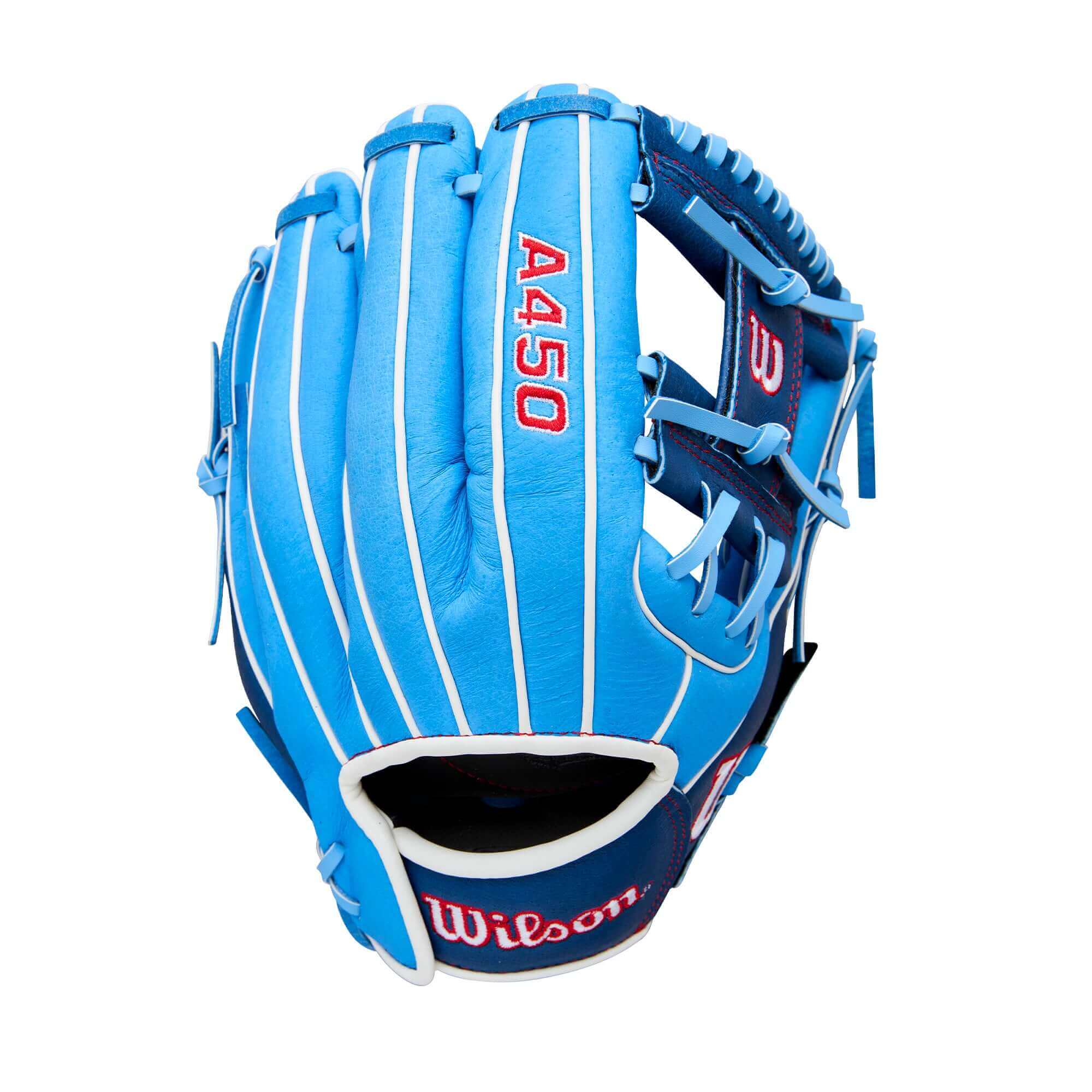Back view of 2026 Wilson A450 11.5" Youth Baseball Glove LHT highlighting Quick Fit Wrist and rolled dual welting.