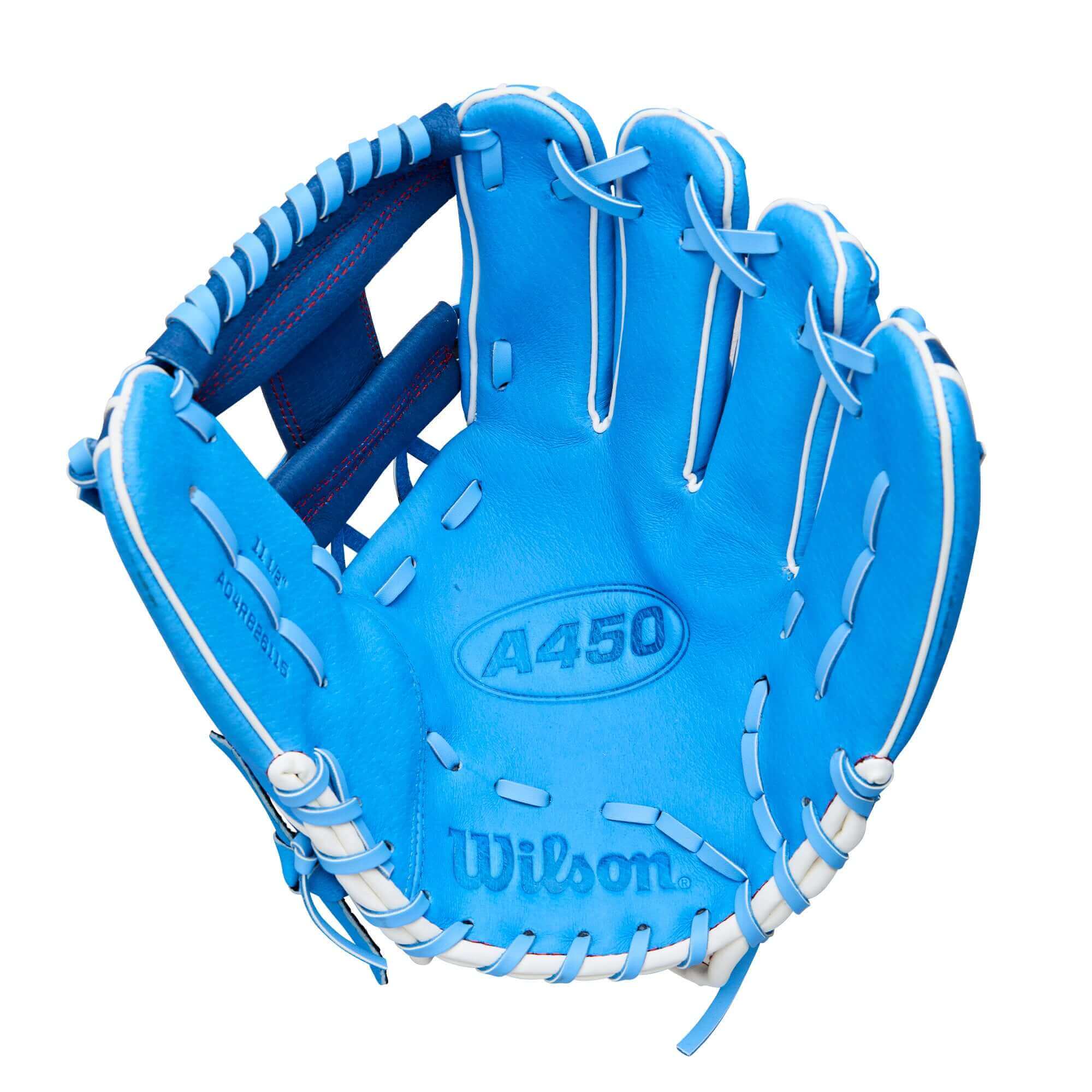 Palm view of 2026 Wilson A450 11.5" Youth Baseball Glove LHT showing top-grain leather and soft inner lining.