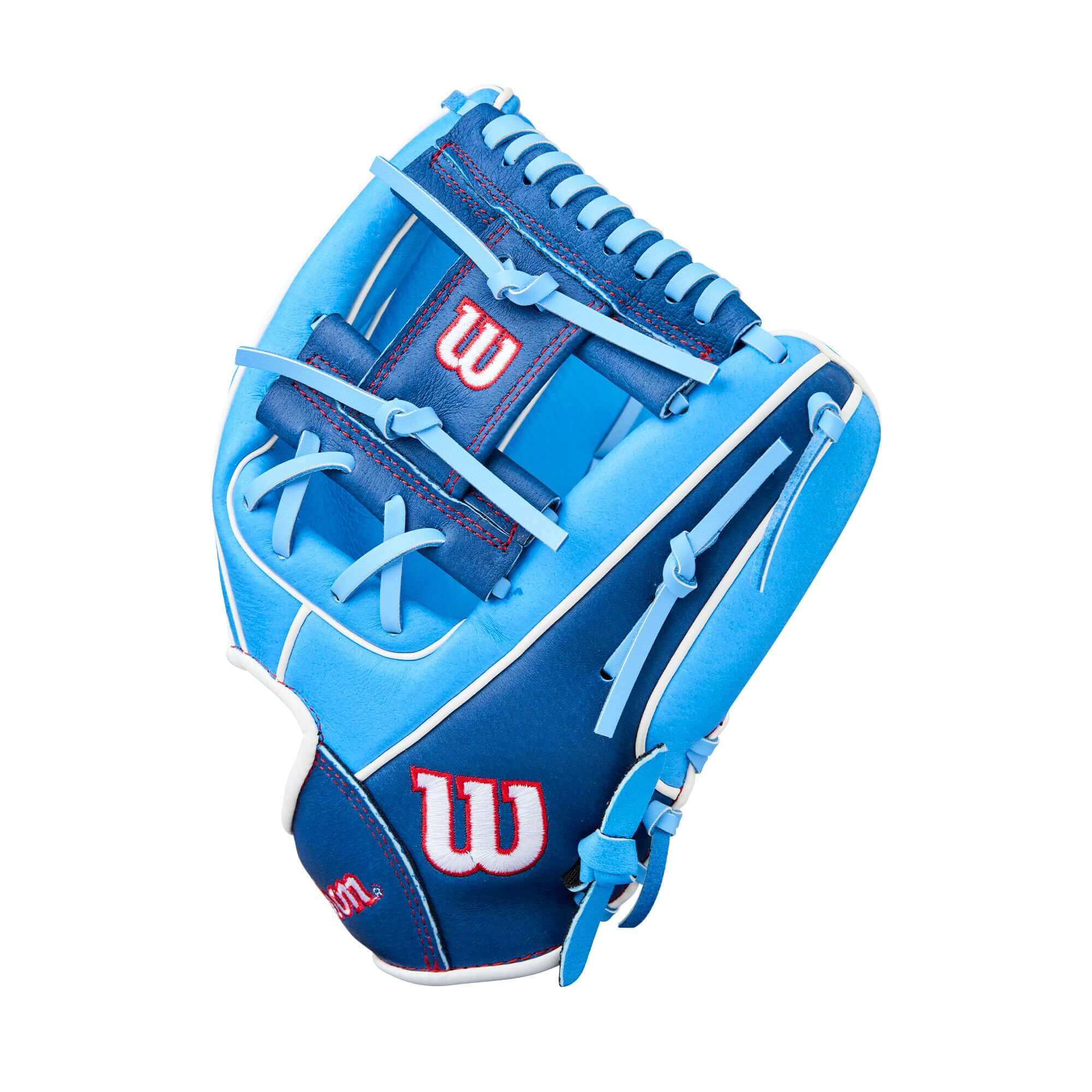 Thumb section of 2026 Wilson A450 11.5" Youth Baseball Glove LHT with leather grain texture and stitching.