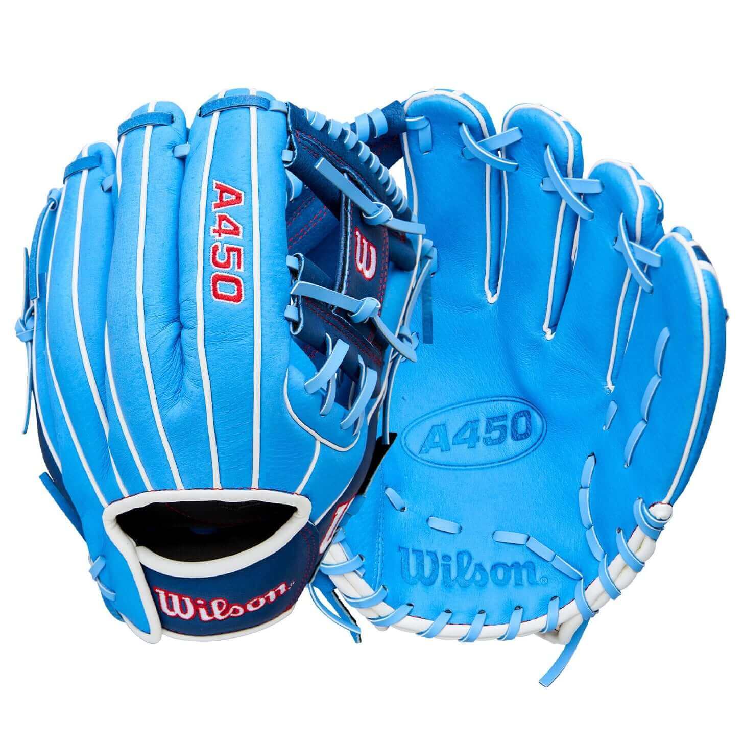 2026 Wilson A450 11.5" Youth Baseball Glove LHT front and back showing H-Web design and Cool Blue colorway.