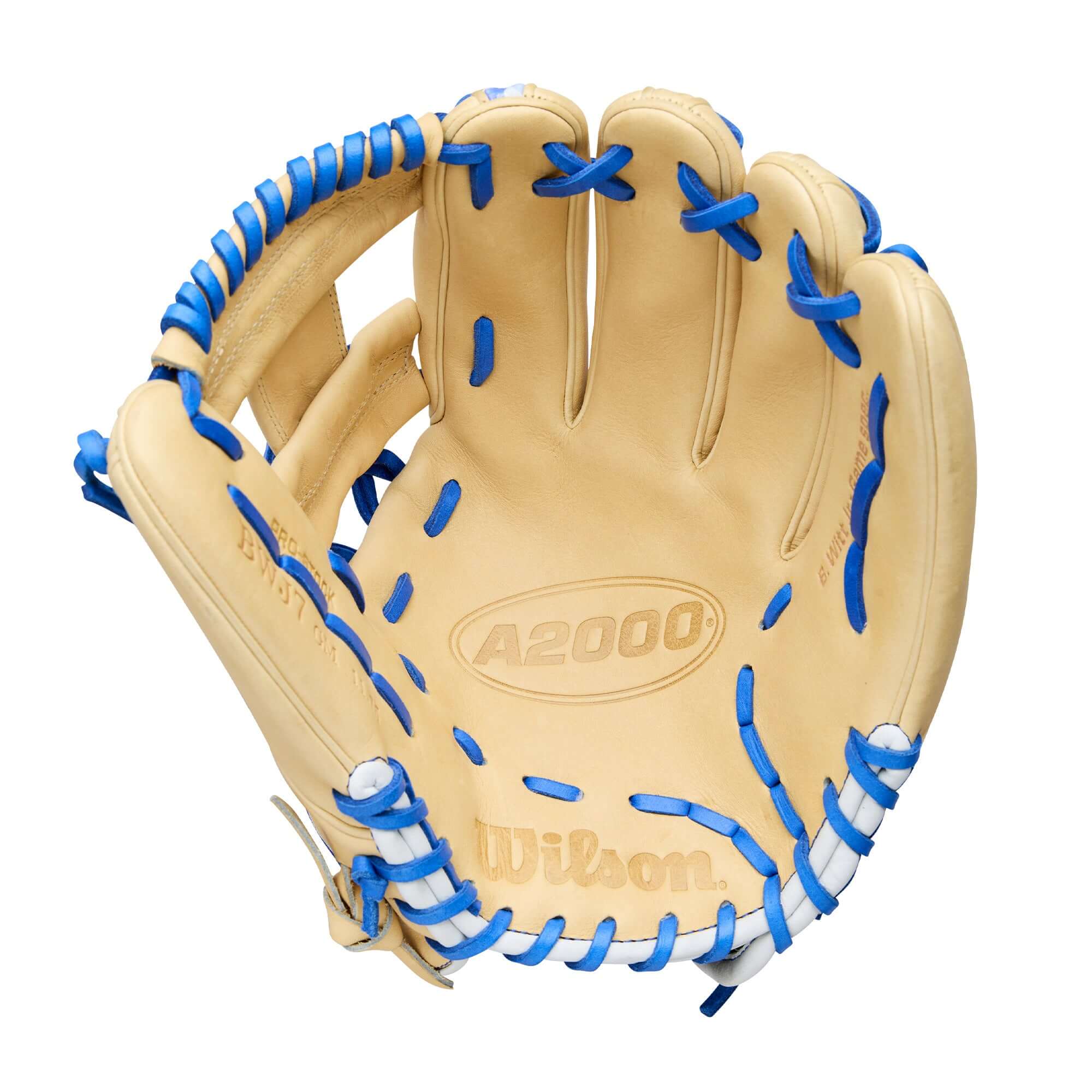 Palm view of Wilson Winter 2025 Bobby Witt Jr A2000 BWJ7 GM 11.75" Infield Baseball Glove highlighting Pro Stock® Leather and glove pocket.