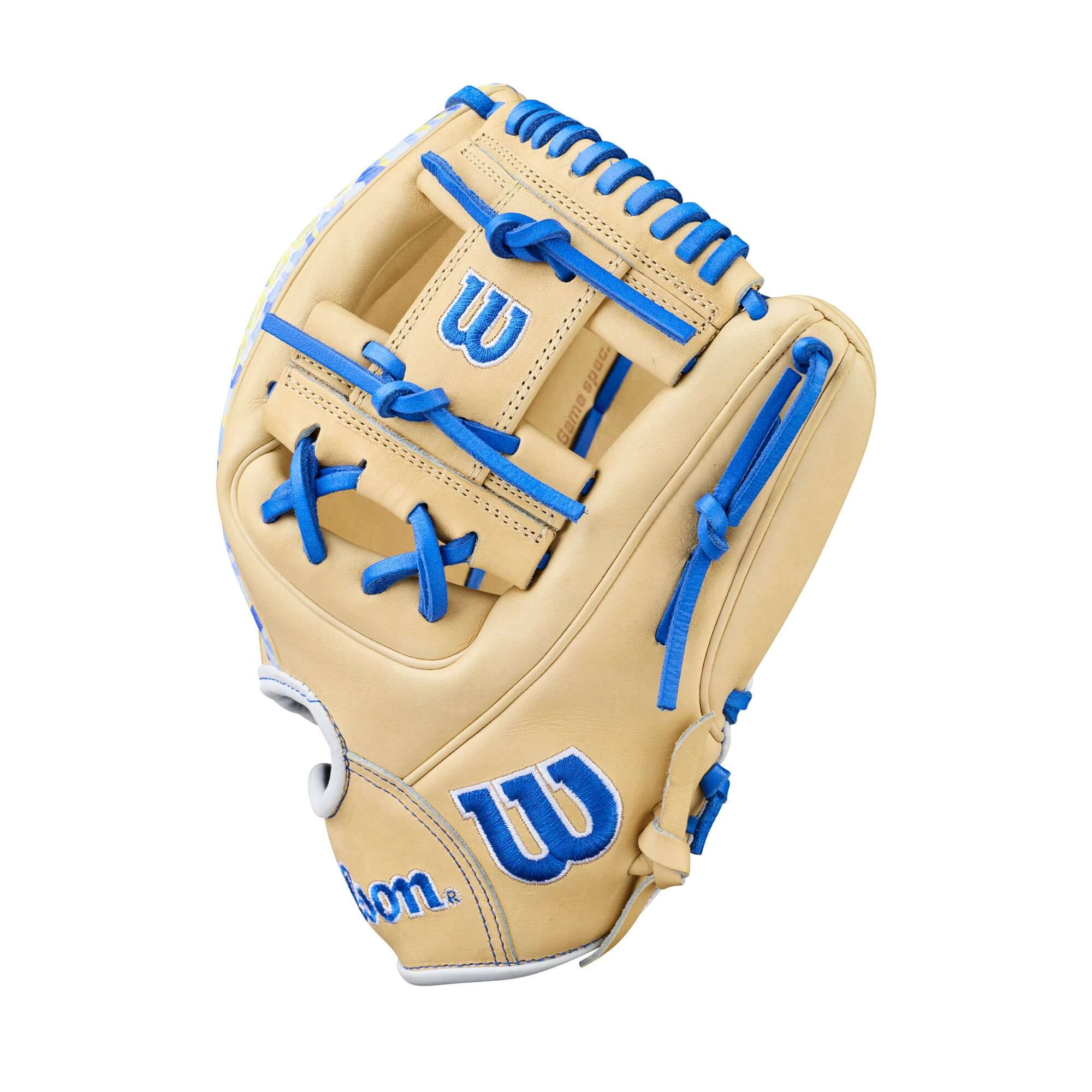 Thumb close-up of Wilson Winter 2025 Bobby Witt Jr A2000 BWJ7 GM 11.75" Infield Baseball Glove showing yellow lace details.