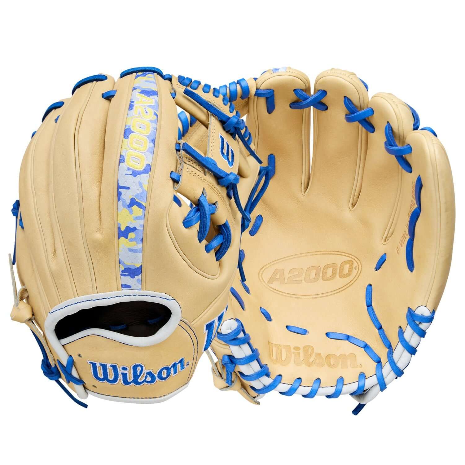 Wilson Winter 2025 Bobby Witt Jr A2000 BWJ7 GM 11.75" Infield Baseball Glove front and back with Blonde leather and Royal Blue accents.
