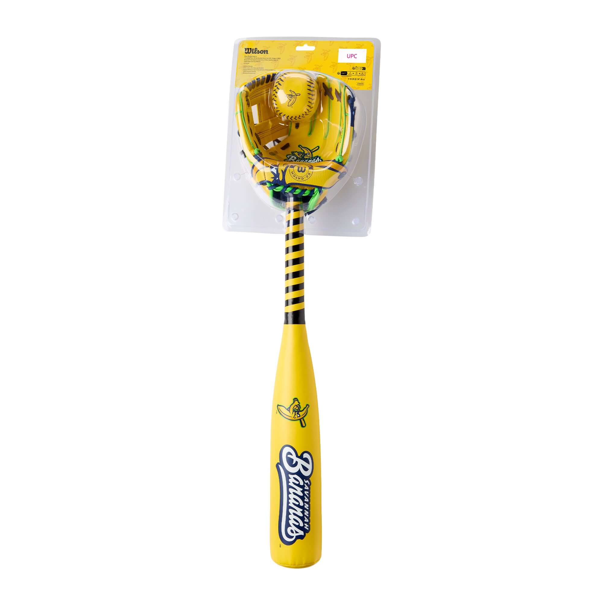 Wilson 2026 Savannah Bananas A200 10" Glove Bat Ball Combo set including glove palm, bat, and ball