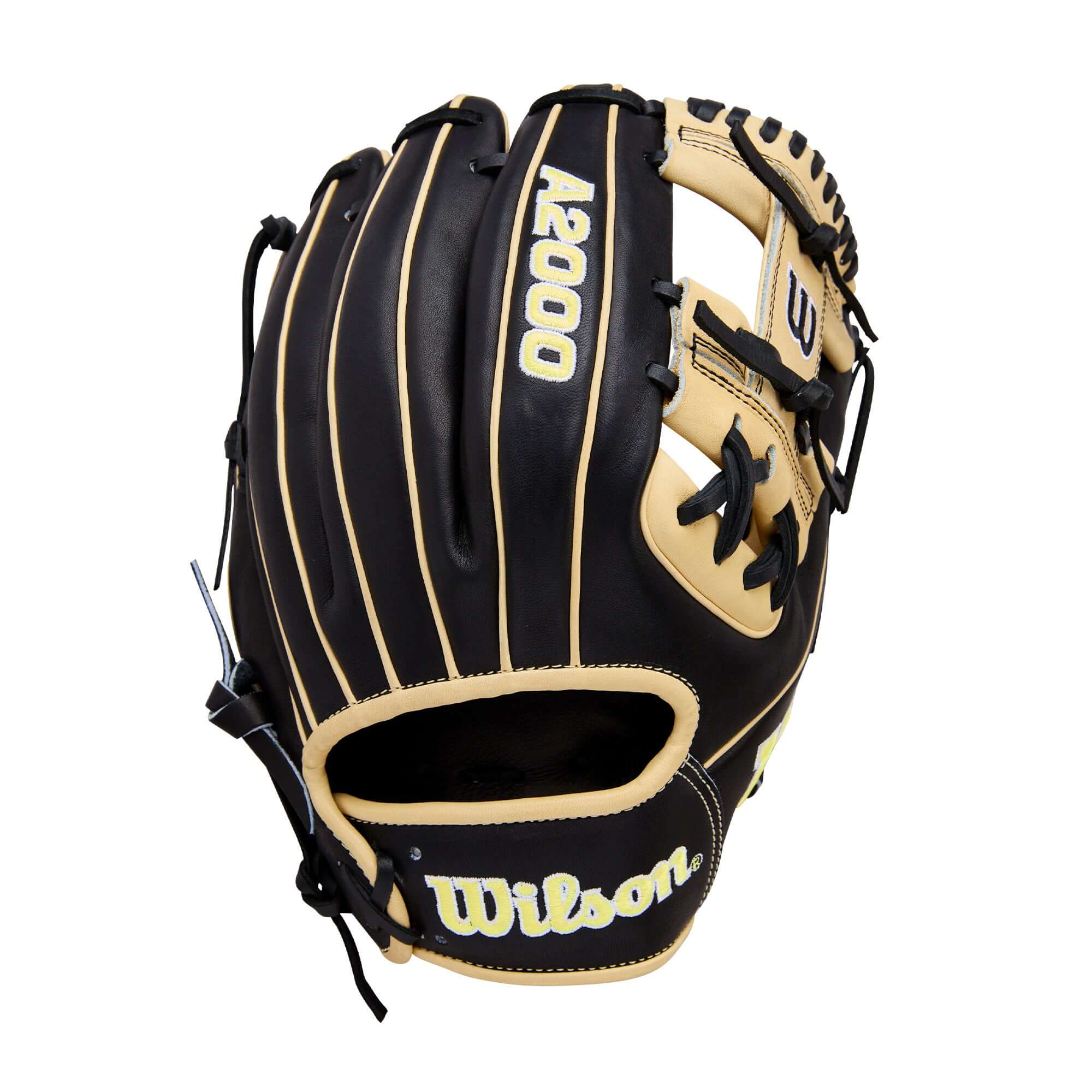 Back view of Wilson 2026 A2000 Classic 1786 11.5" Infield Baseball Glove Black/Blonde featuring bold Wilson logo and welting.