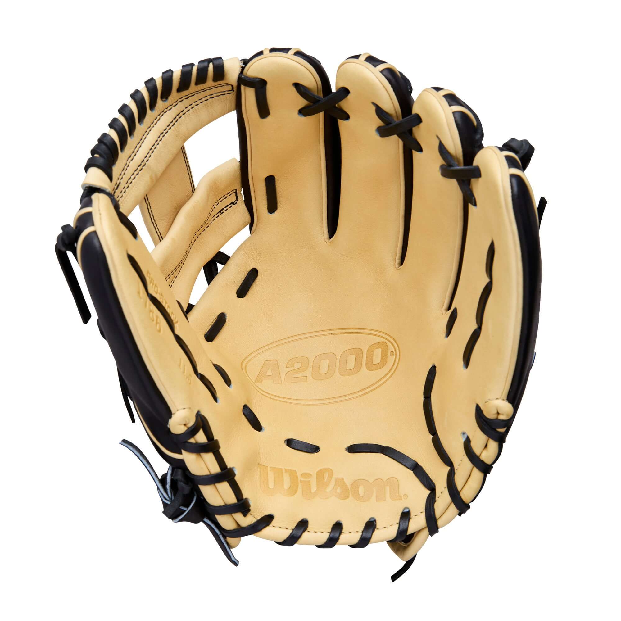 Palm view of Wilson 2026 A2000 Classic 1786 11.5" Infield Baseball Glove Black/Blonde showing shallow pocket and craftsmanship.