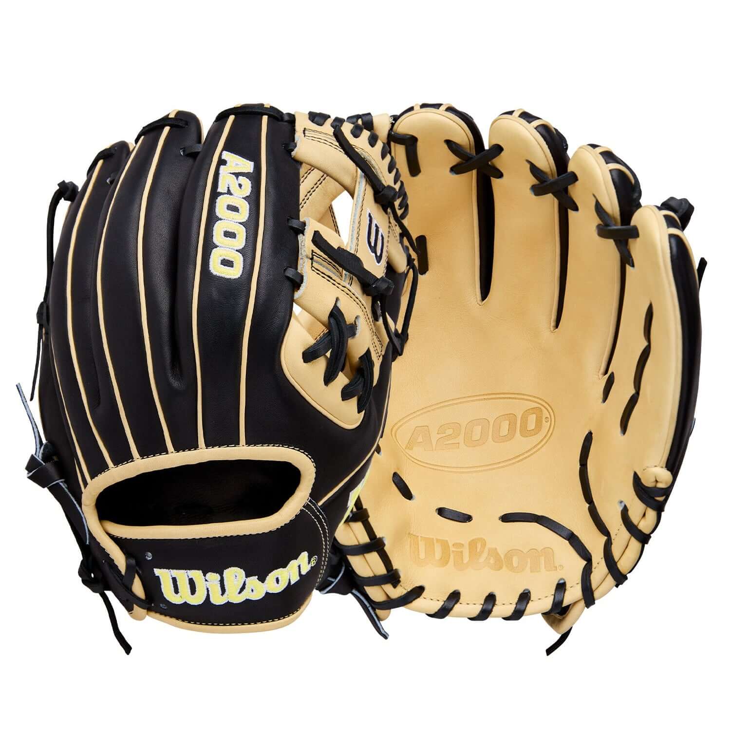 Wilson 2026 A2000 Classic 1786 11.5" Infield Baseball Glove Black/Blonde full front and back showing H-Web and dual-color design.