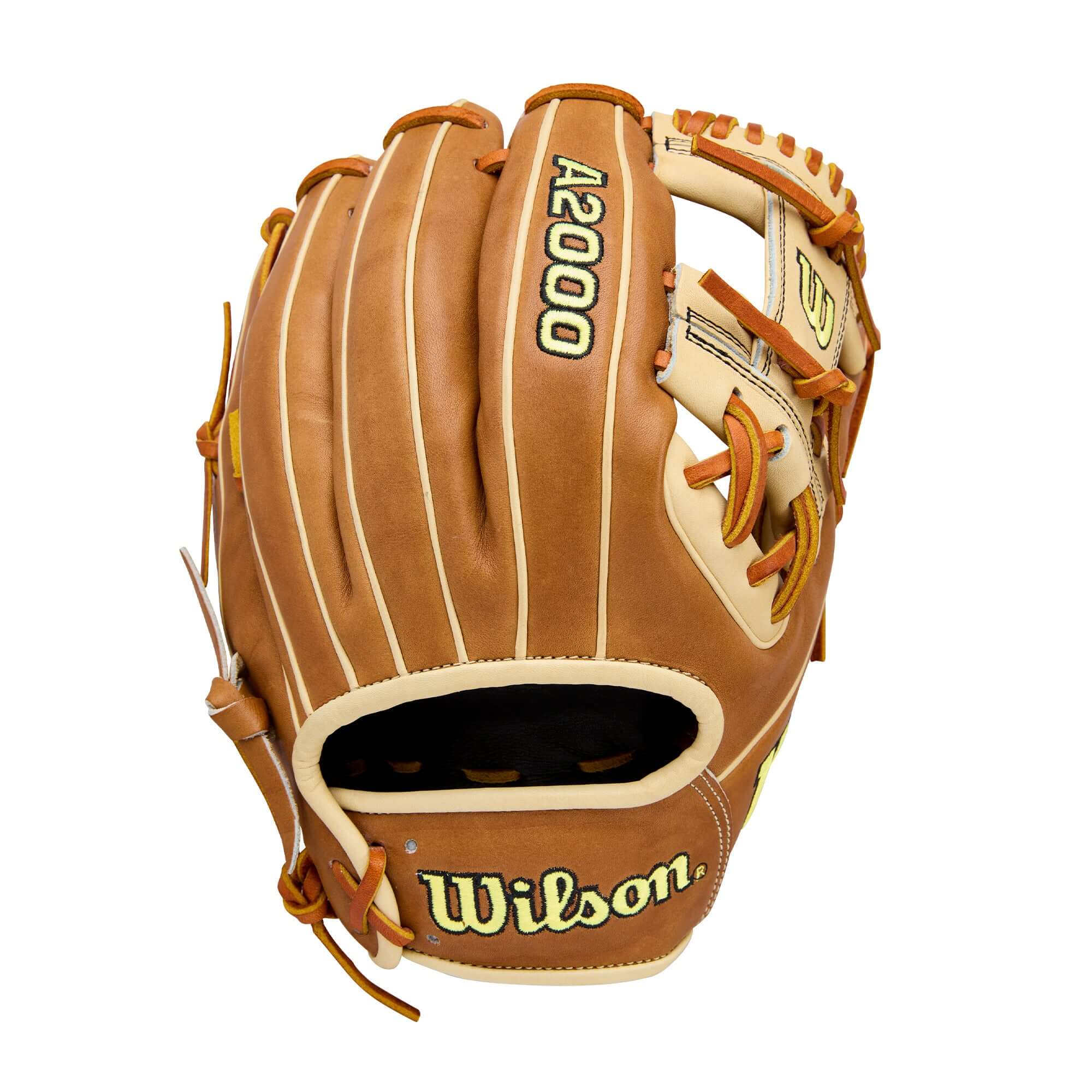 Back view of Wilson 2026 A2000 Classic 1786 11.5" Infield Baseball Glove Saddle/Blonde featuring A2000 logo and rolled dual welting.