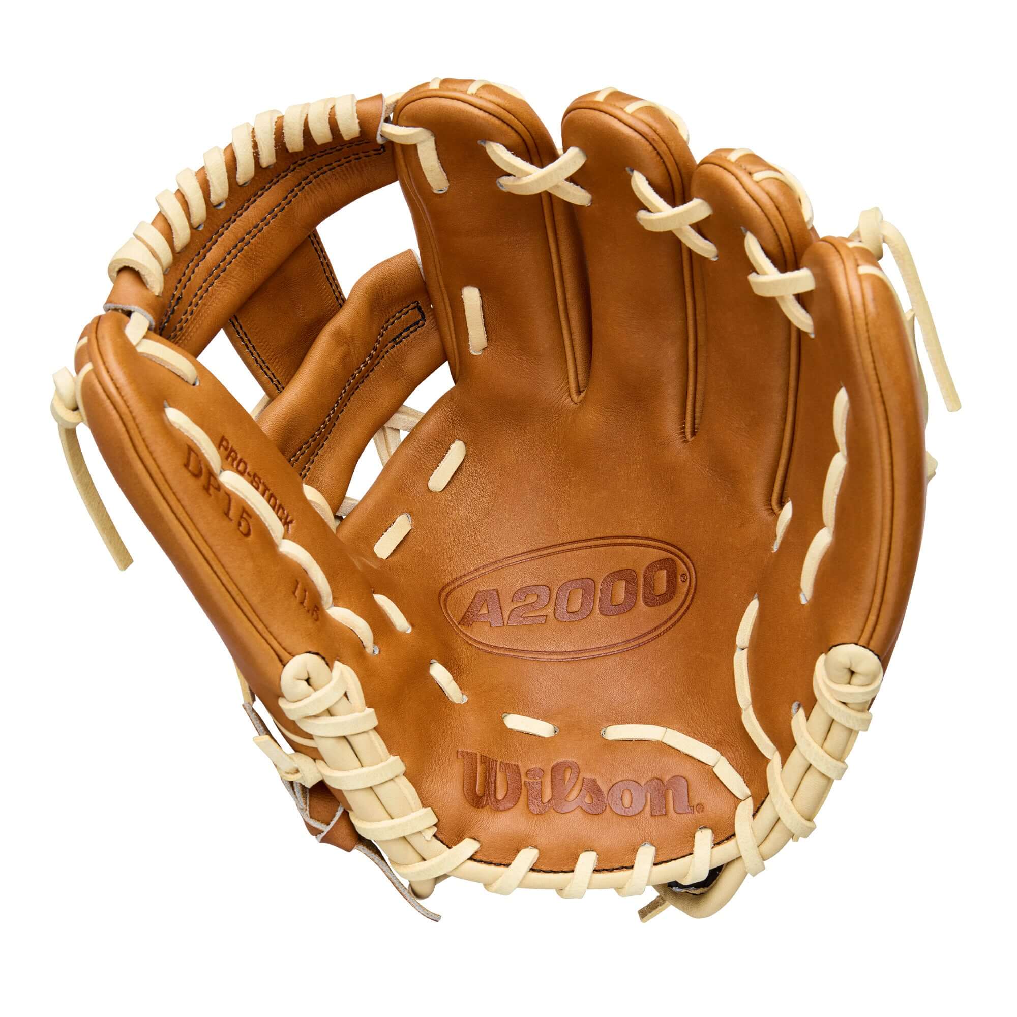 Palm view of Wilson 2026 A2000 Classics Series DP15 11.5” Infield Glove, Saddle Tan leather with Blonde lacing and visible A2000 logo.