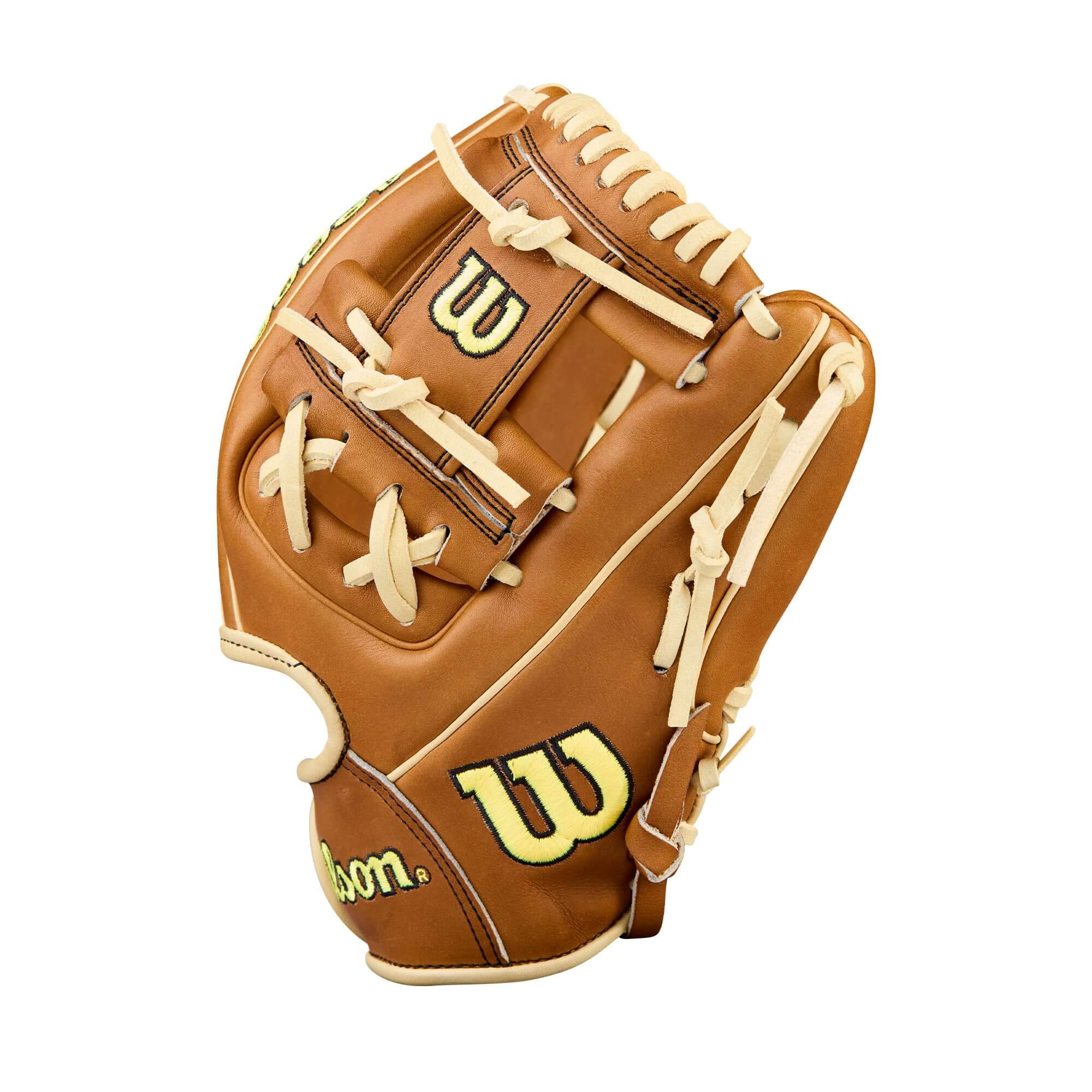 Wilson 2026 A2000 Classics Series DP15 11.5” Infield Glove backhand view with tan leather and blonde accents