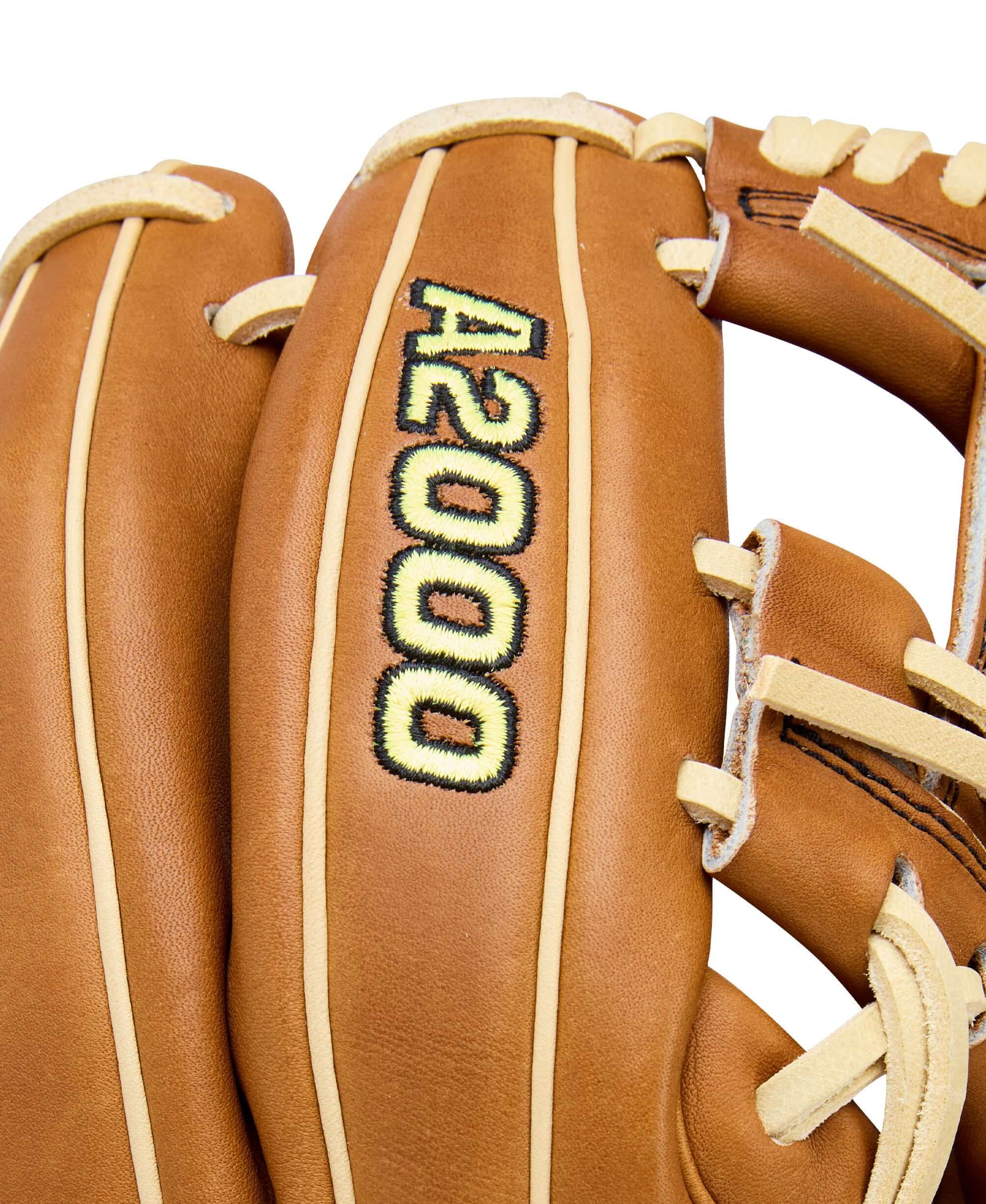 Close-up of Wilson 2026 A2000 Classics Series DP15 11.5” Infield Glove showing backhand view with A2000 logo and Blonde lacing detail.