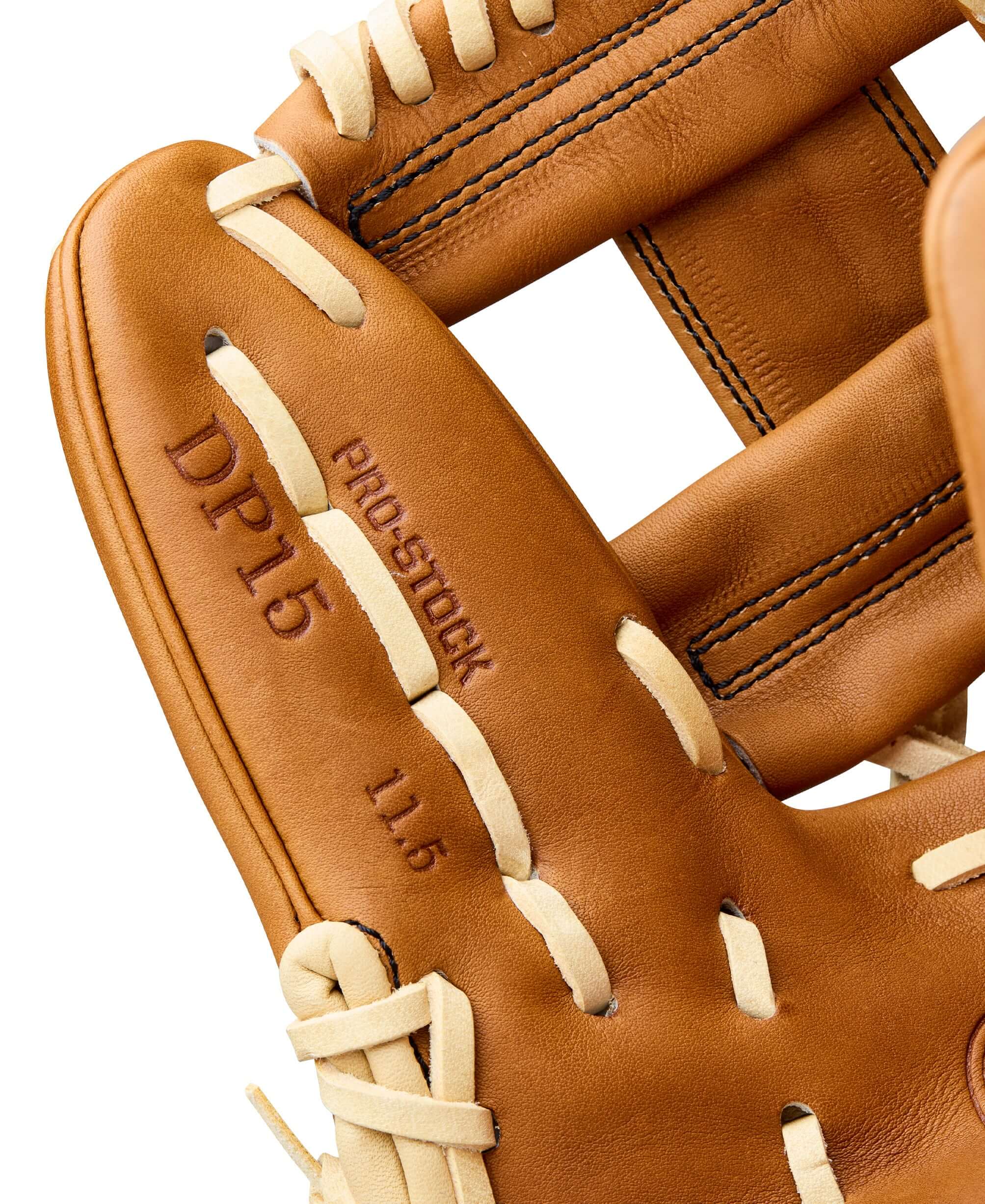 Wilson 2026 A2000 Classics Series DP15 11.5” Infield Glove, palm view, Saddle Tan color with Blonde laces, Pro Stock leather marking