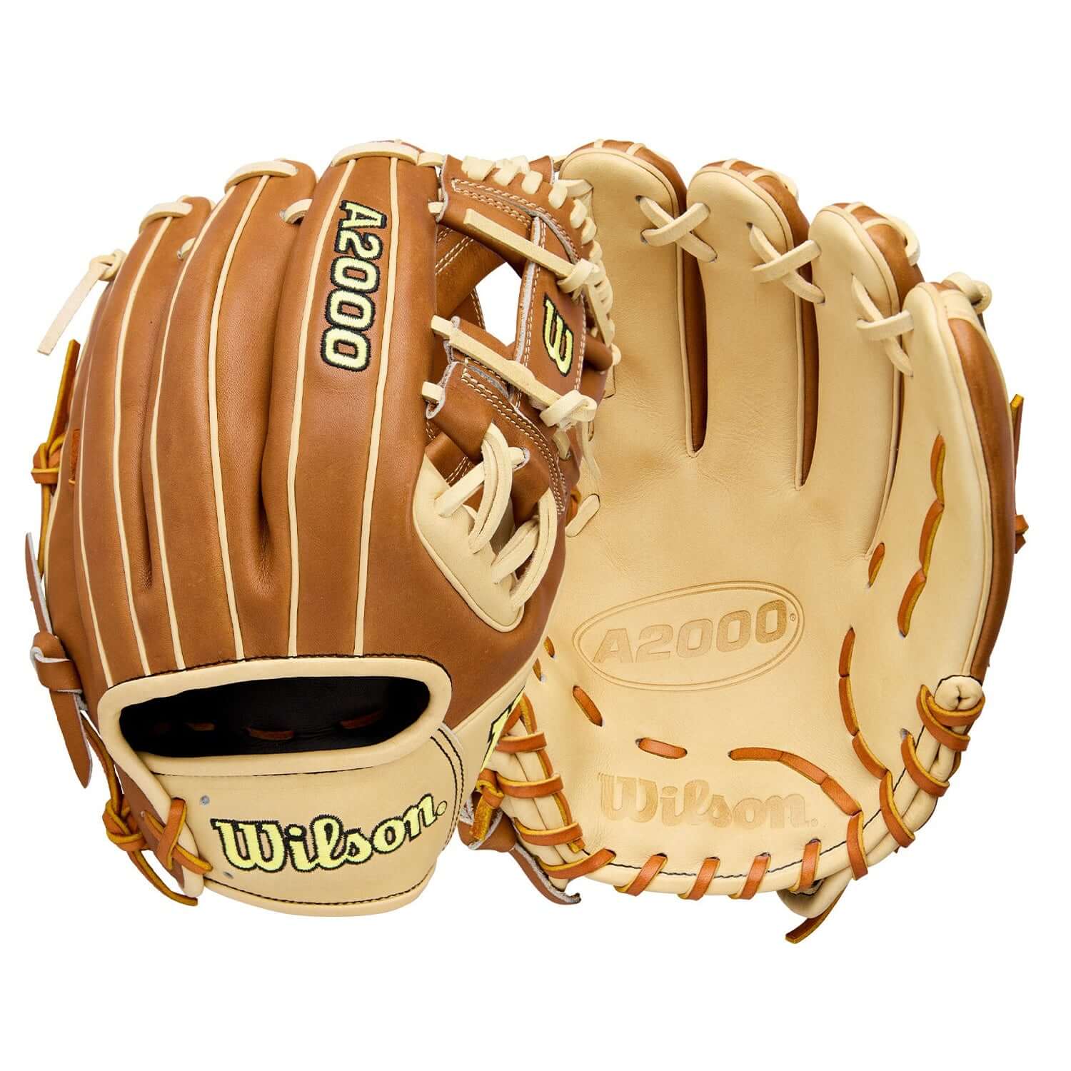 Wilson 2026 A2000 Classic 1975 11.75" Infield Baseball Glove front and back showing H-Web and classic Blonde/Saddle Tan leather.