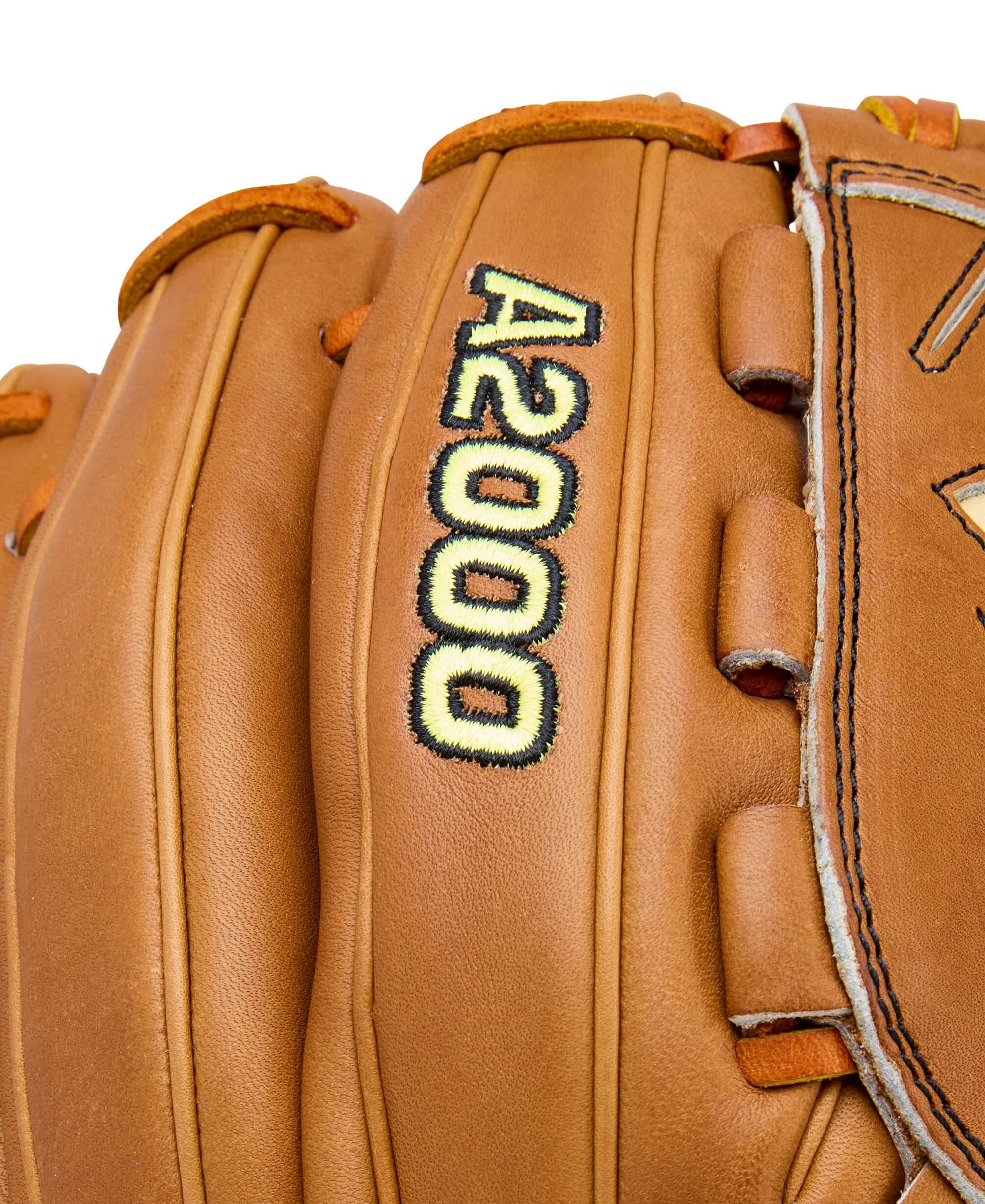 Wilson 2026 A2000 Classics Series B23 12” Pitcher Baseball Glove, close-up of A2000 logo and lacing detail on web side.