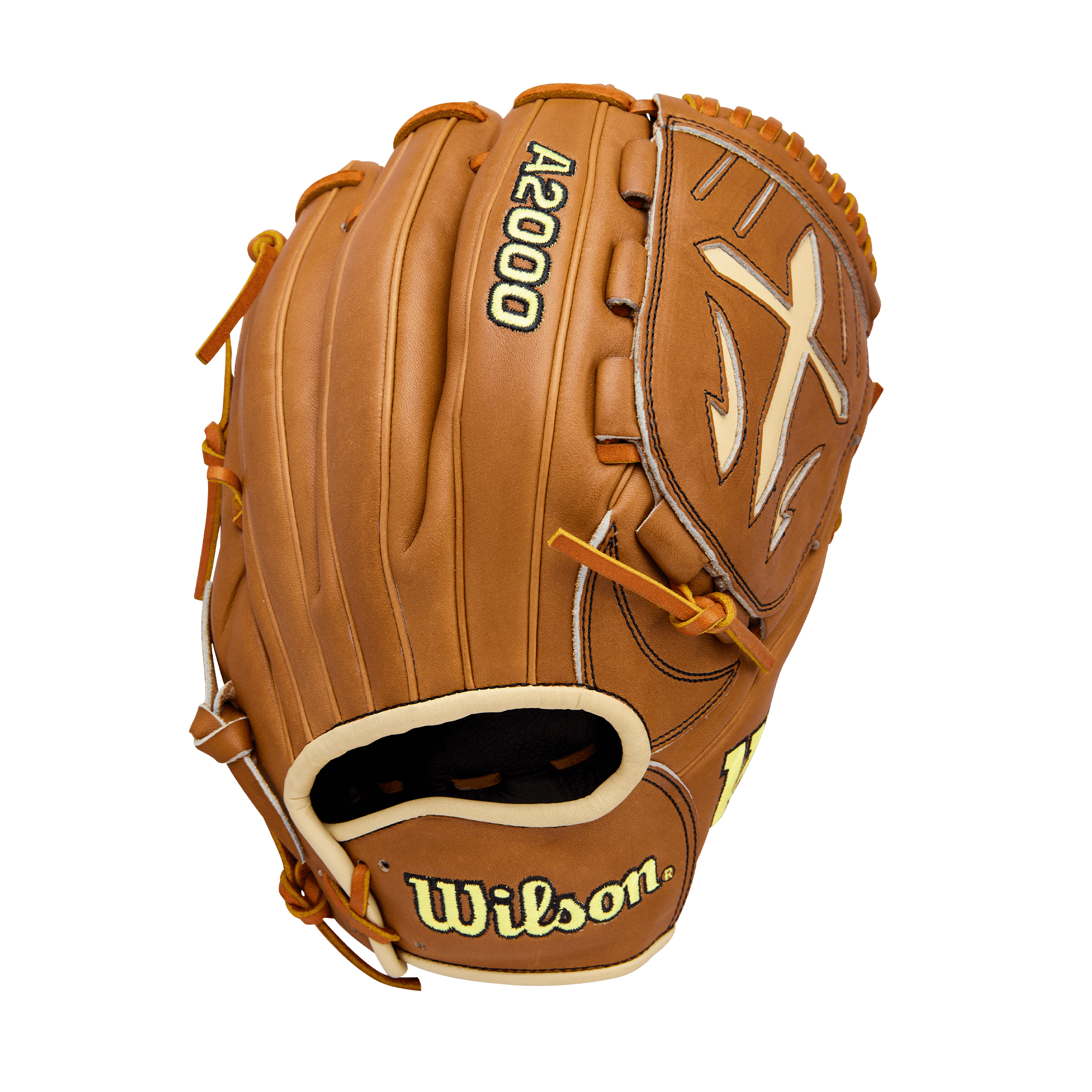 Wilson A2000 Classic B23 Pitcher's Glove Saddle Tan with Swordsman Web, backhand view