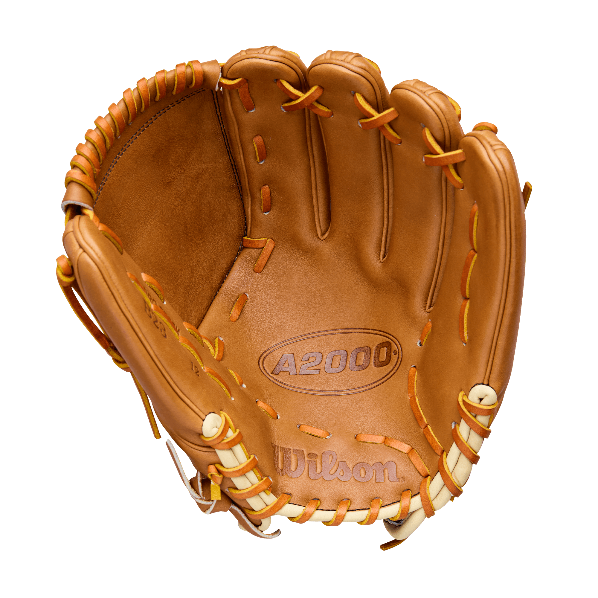 Wilson A2000 Classic B23 Pitcher's Glove Saddle Tan/Blonde 12" LHT palm view with tan laces and logo visible.