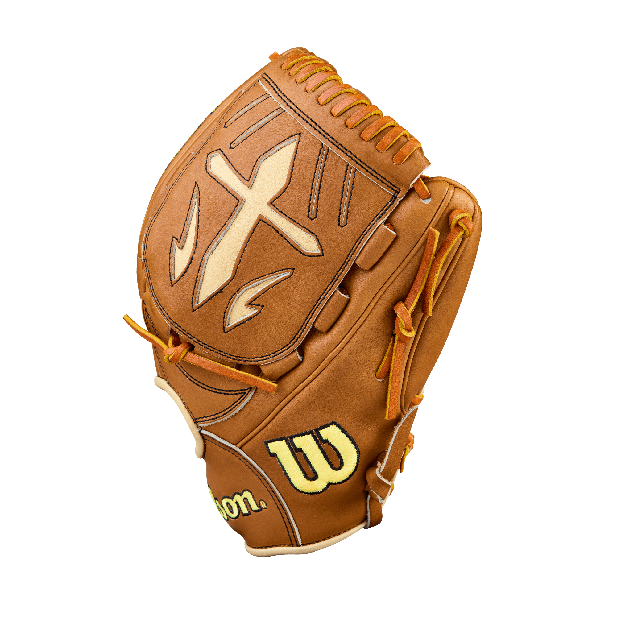 Wilson A2000 Classic B23 Pitcher's Glove Saddle Tan/Blonde 12" LHT backhand view with Swordsman Web and logo.